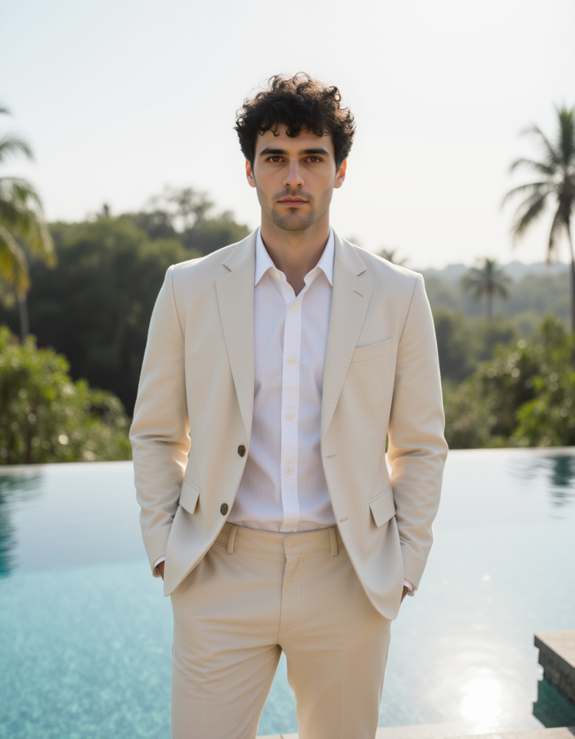 luxury Bali villa lifestyle shot, tailored resort outfit with neutral tones, standing by an infinity pool, calm and polished influencer aesthetic