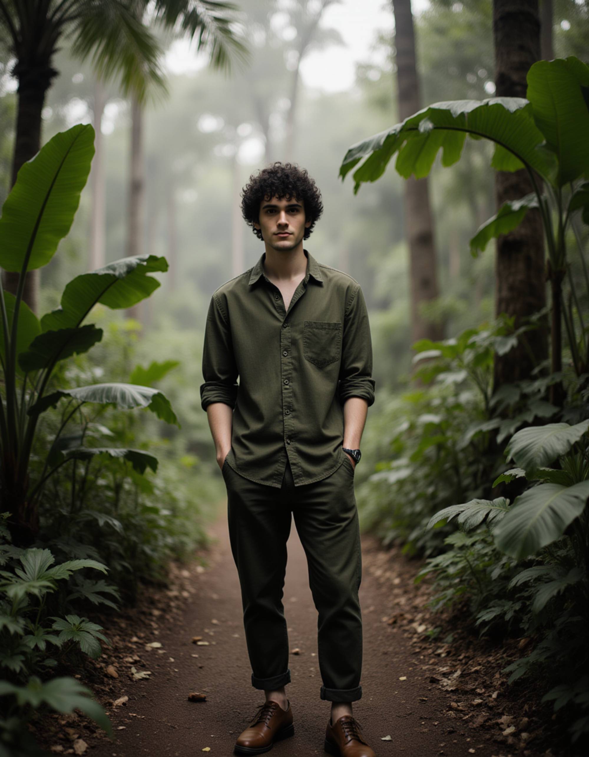 Bali jungle path photoshoot, casual earthy outfit, hands in pockets, soft mist and dense tropical greenery creating a cinematic mood