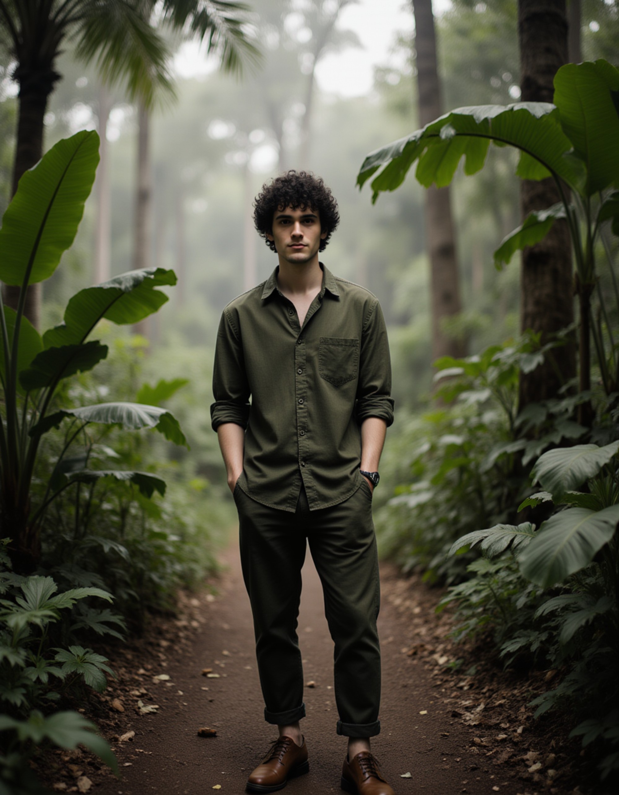 Bali jungle path photoshoot, casual earthy outfit, hands in pockets, soft mist and dense tropical greenery creating a cinematic mood