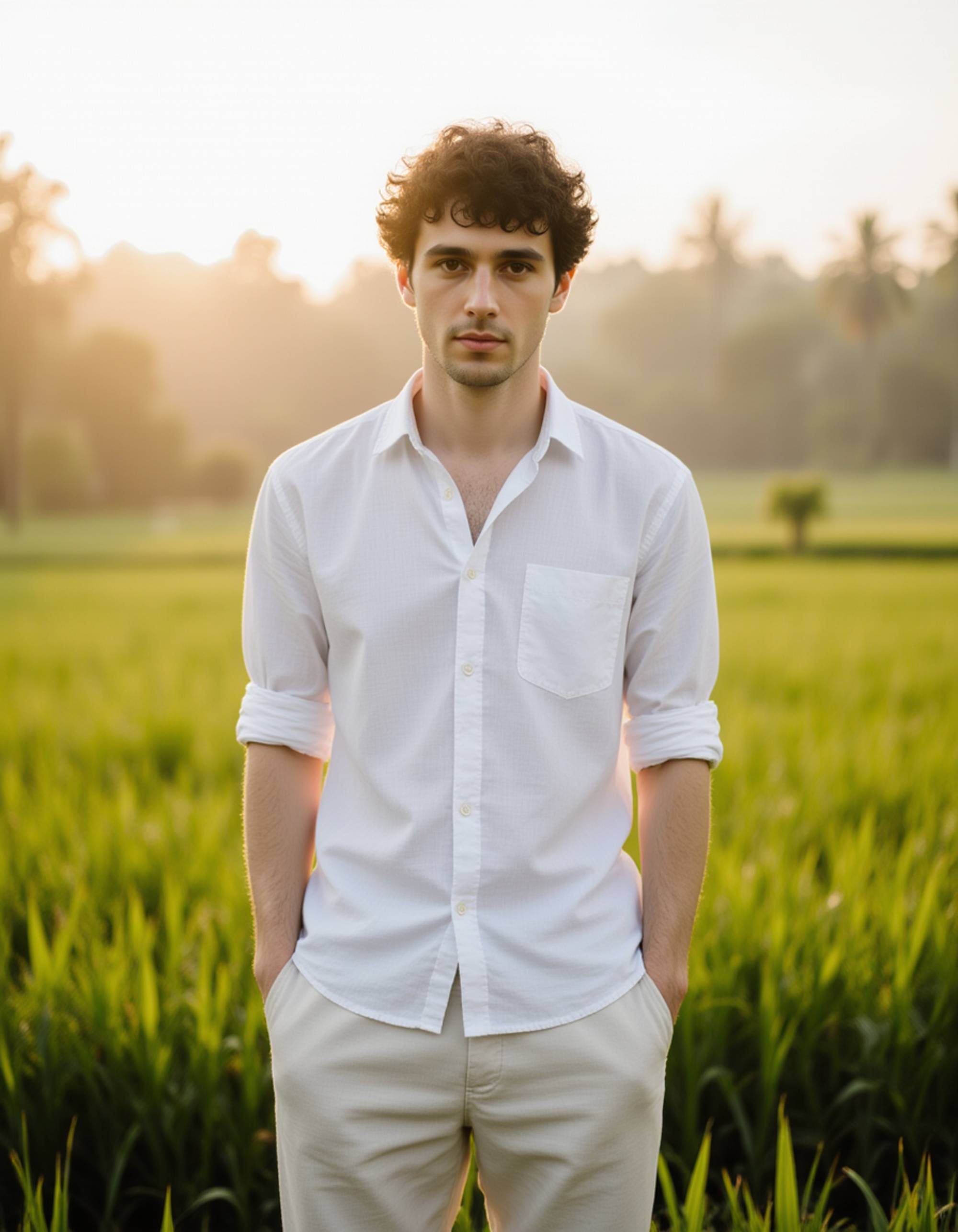 sunrise Bali rice terrace portrait, minimalist linen outfit, composed stance, wide editorial framing with layered green fields and soft morning haze