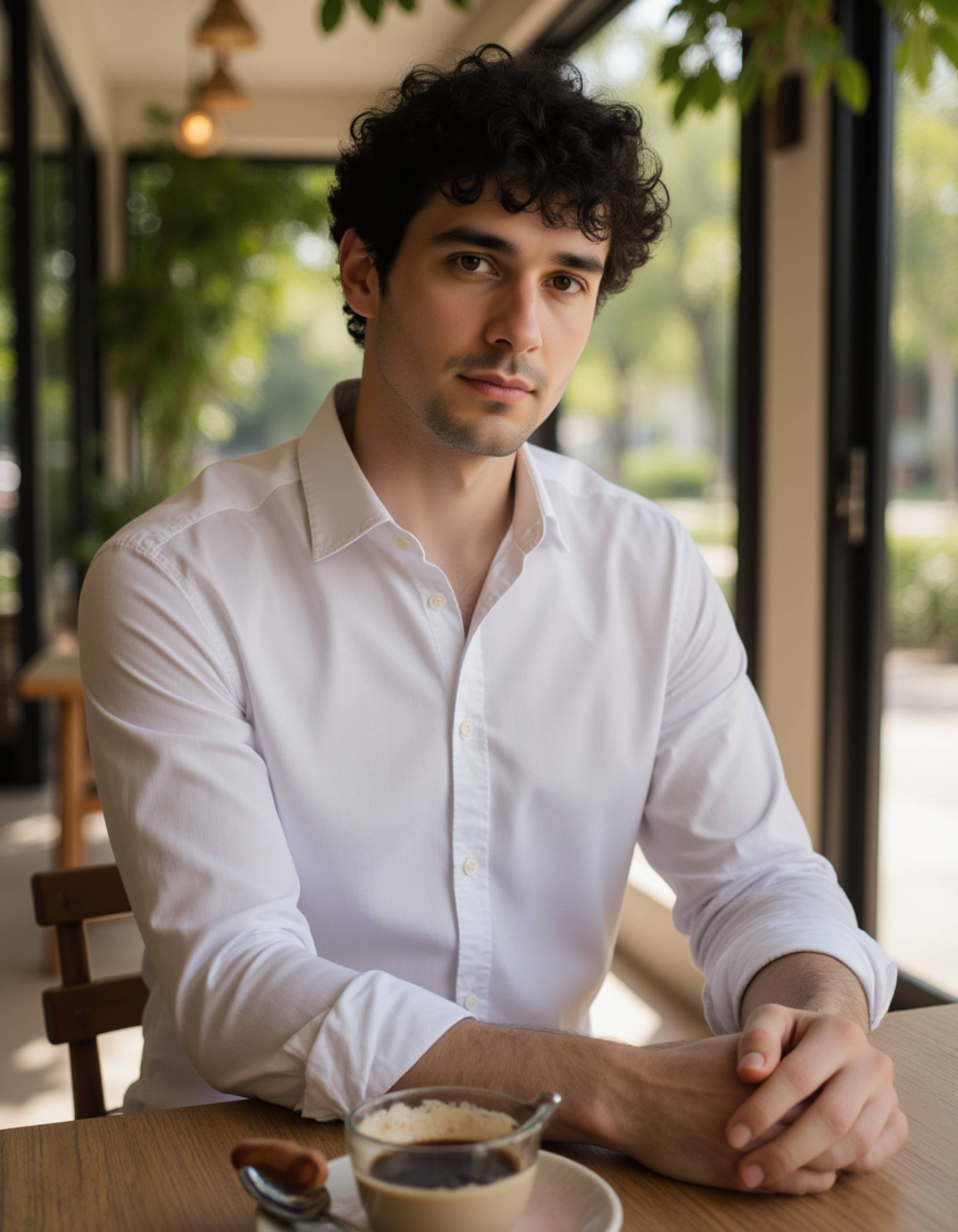 modern Bali café lifestyle scene, stylish casual summer outfit, seated outdoors with a coffee, relaxed influencer vibe under warm natural light