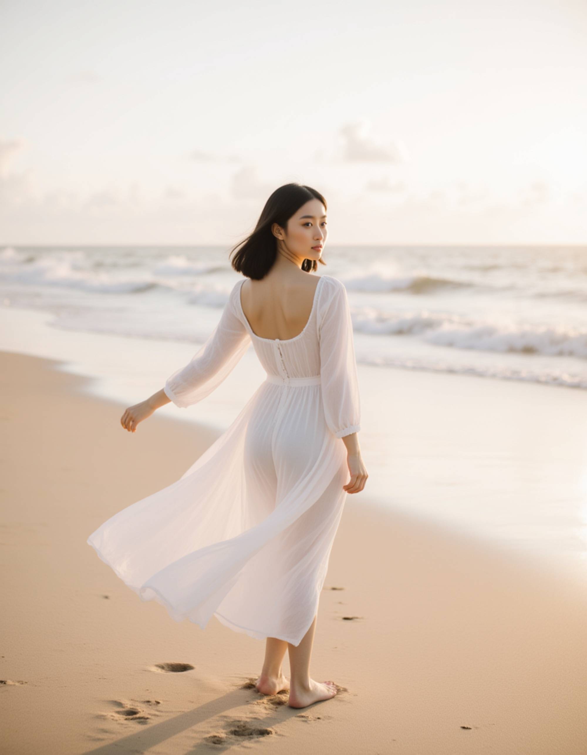 Bali influencer photoshoot on a white-sand beach, lightweight silk dress flowing in the wind, barefoot walk along the shoreline, soft golden-hour light and serene ocean backdrop