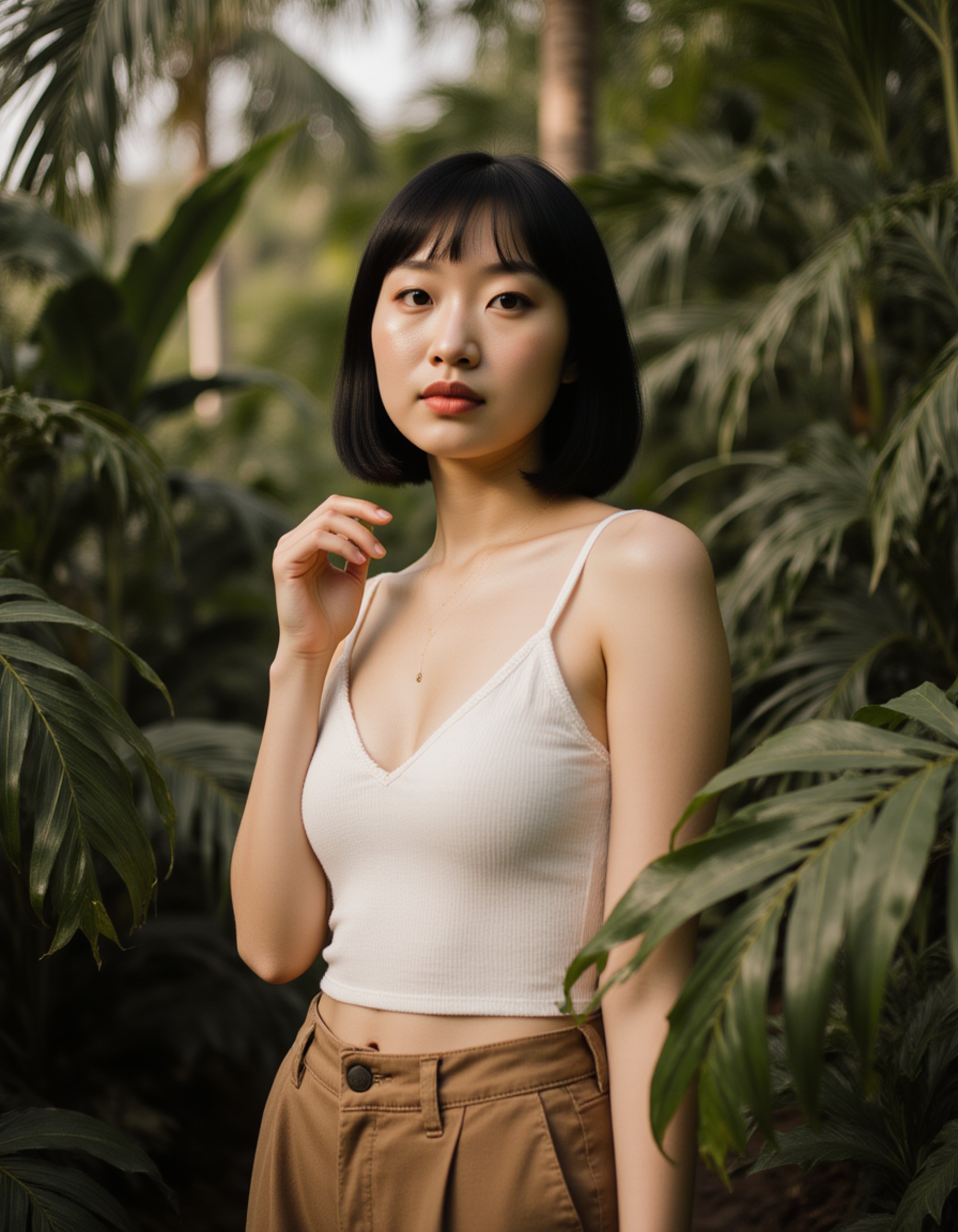 Bali jungle retreat photoshoot, bohemian summer outfit in earthy tones, natural glowing skin, standing among palm leaves with diffused tropical light