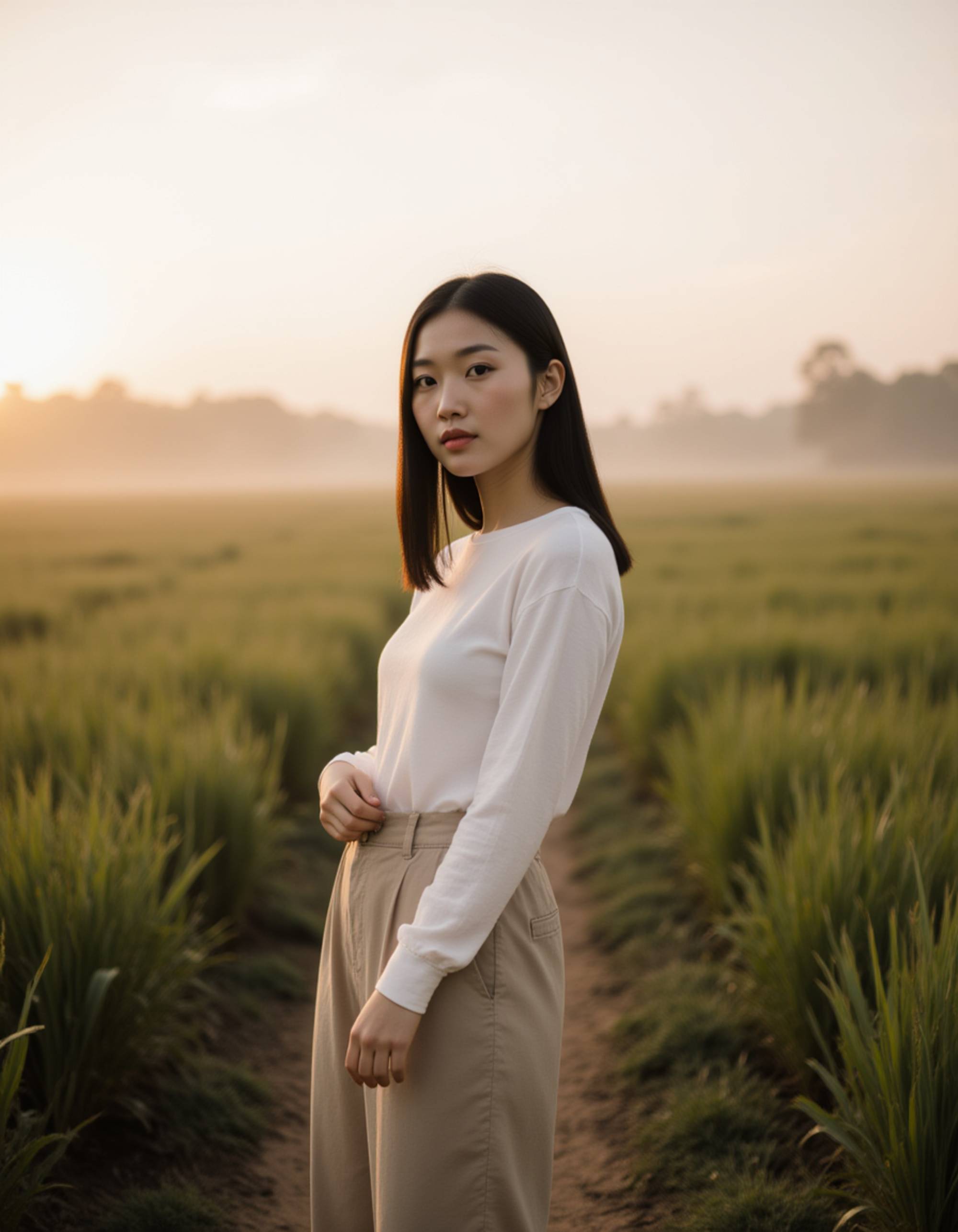 sunrise Bali rice terrace scene, minimalist neutral outfit, calm influencer pose on narrow paths, misty fields and pastel sky creating an editorial mood