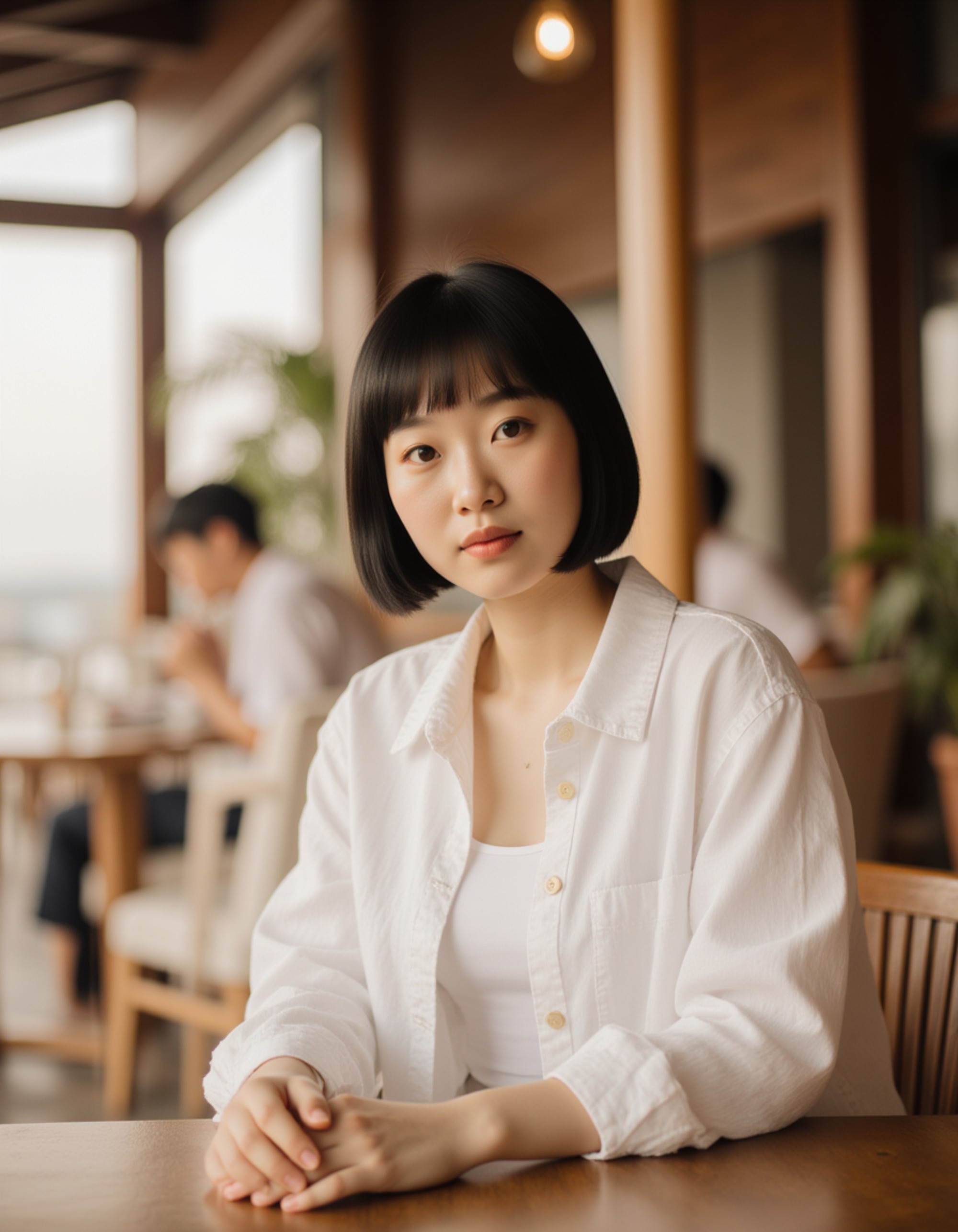 trendy Bali café lifestyle shot, modern summer outfit with soft neutral colors, seated near open wooden architecture, relaxed influencer aesthetic with warm natural lighting