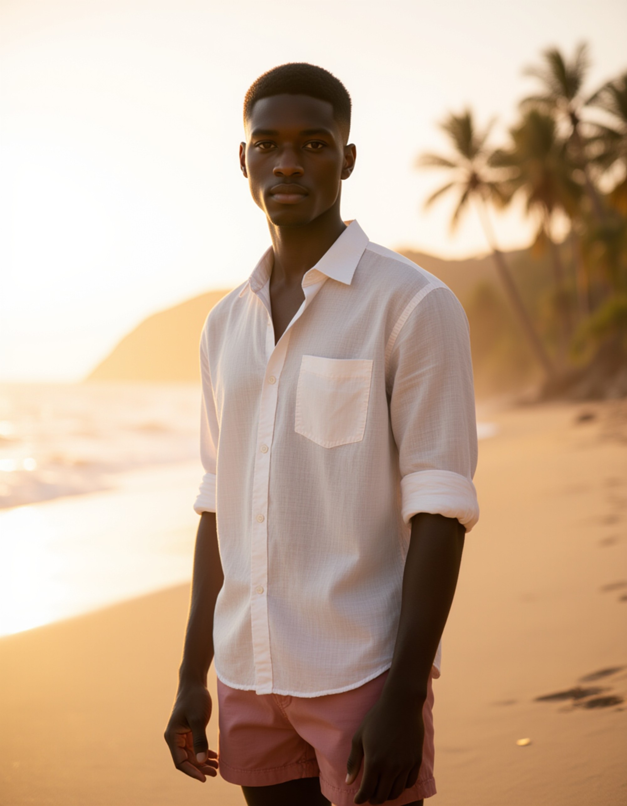 Bali influencer photoshoot on a secluded beach, lightweight linen shirt with rolled sleeves and swim shorts, relaxed stance, warm sunset glow with palm trees and ocean horizon