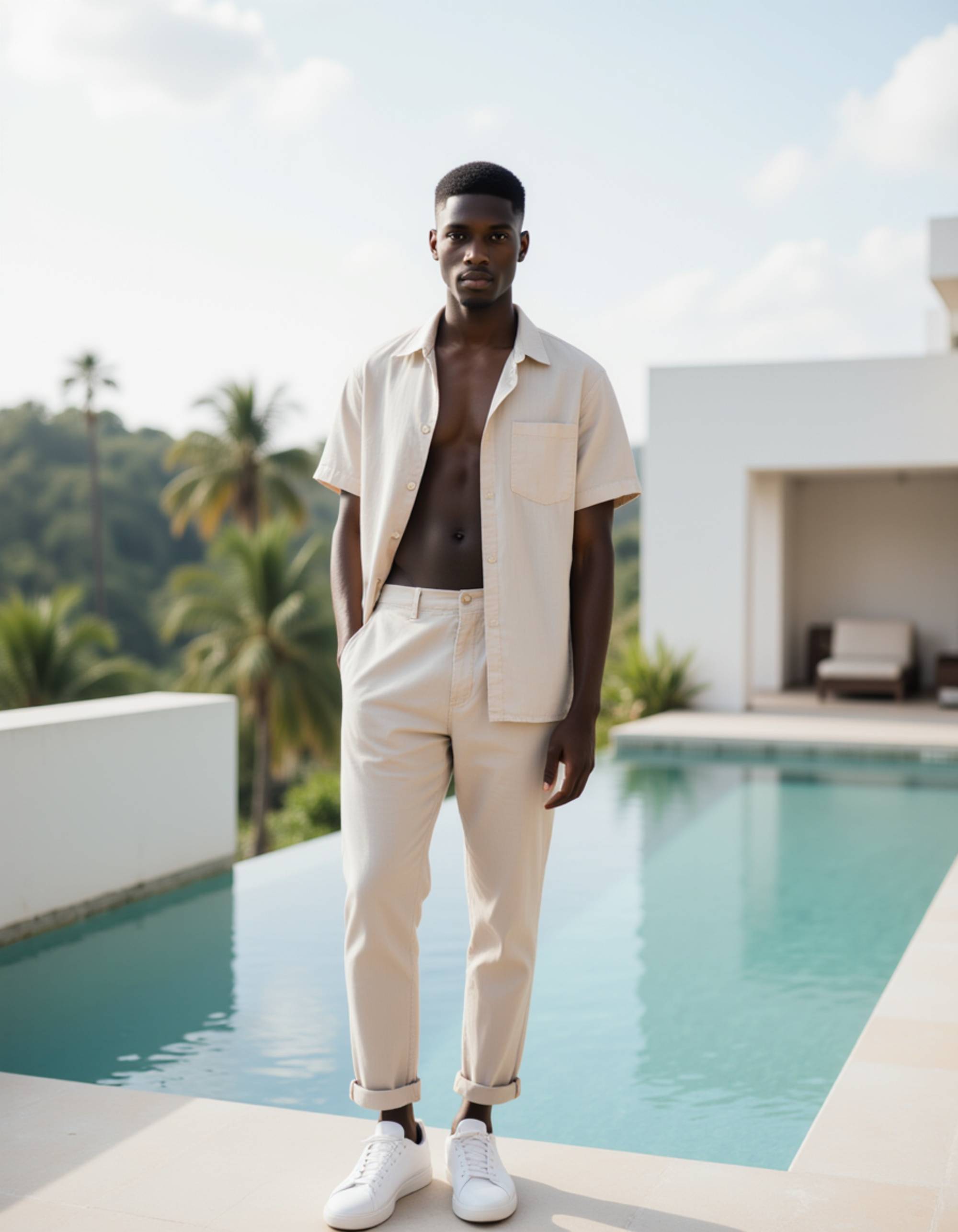 luxury Bali villa lifestyle portrait, modern resort outfit in neutral tones, standing beside an infinity pool, clean and confident influencer aesthetic
