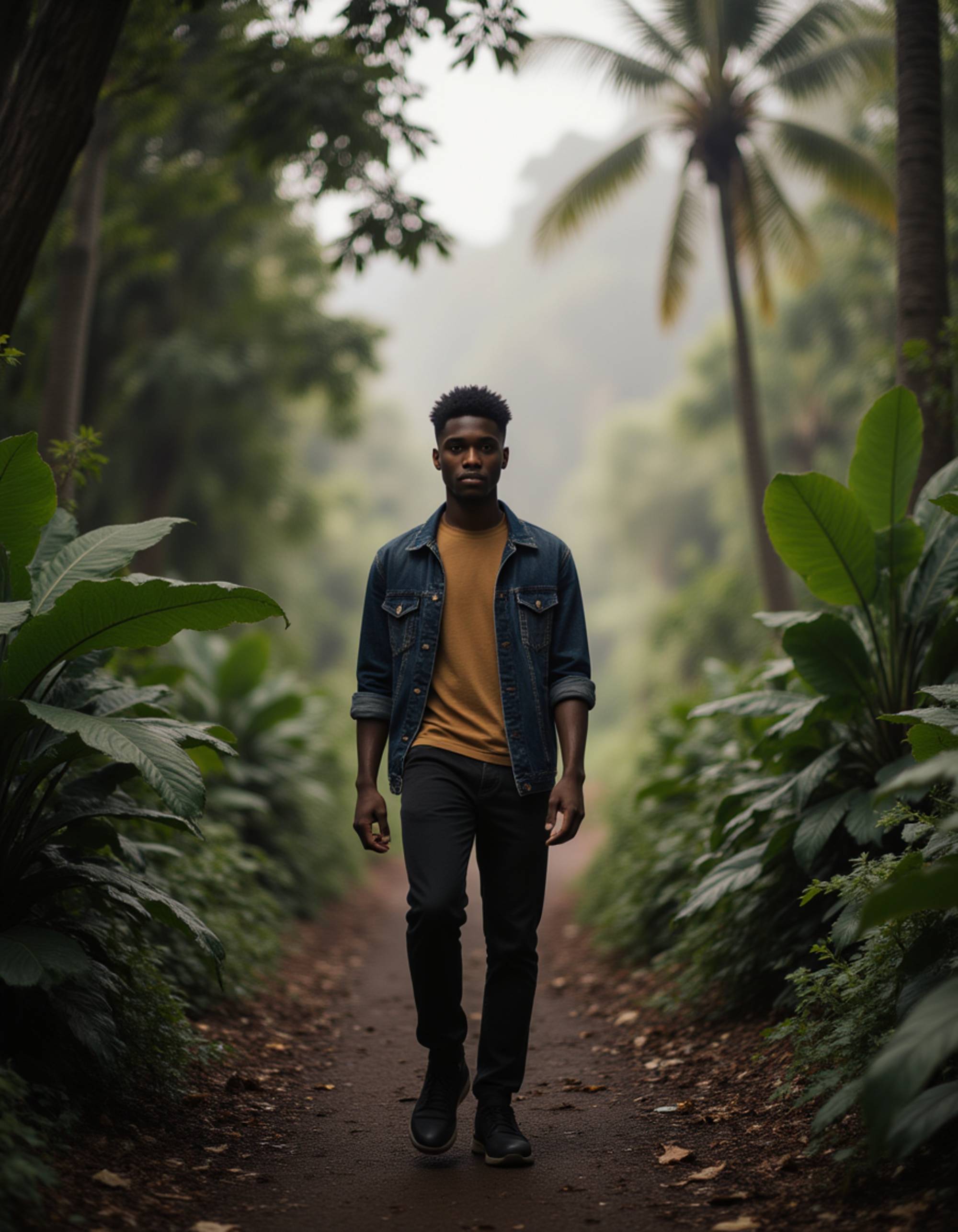 Bali jungle trail photoshoot, casual earthy outfit, composed walk through dense tropical greenery, soft mist and cinematic lighting
