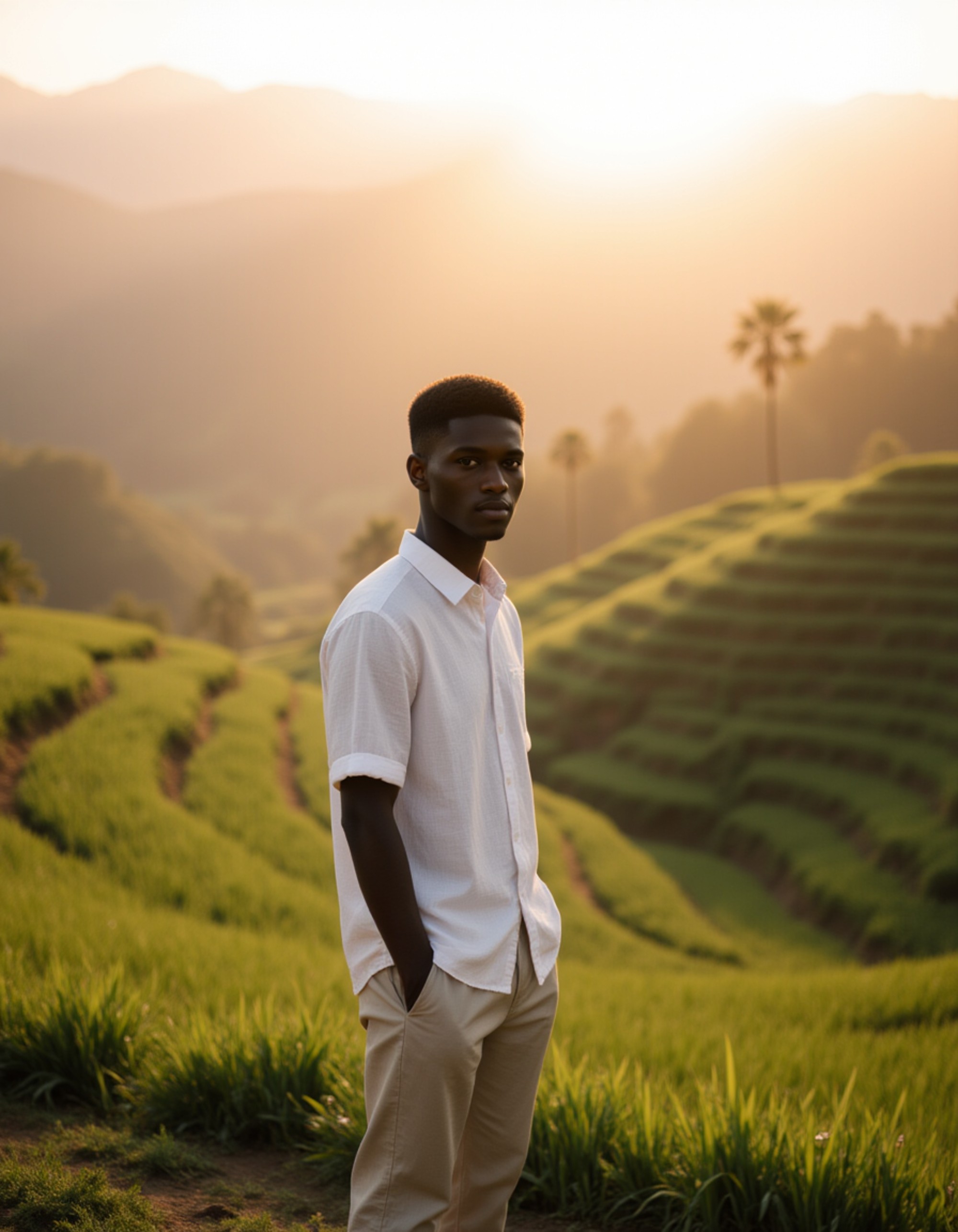 sunrise Bali rice terrace scene, minimalist linen outfit, calm posture overlooking layered green fields, wide editorial framing with morning haze