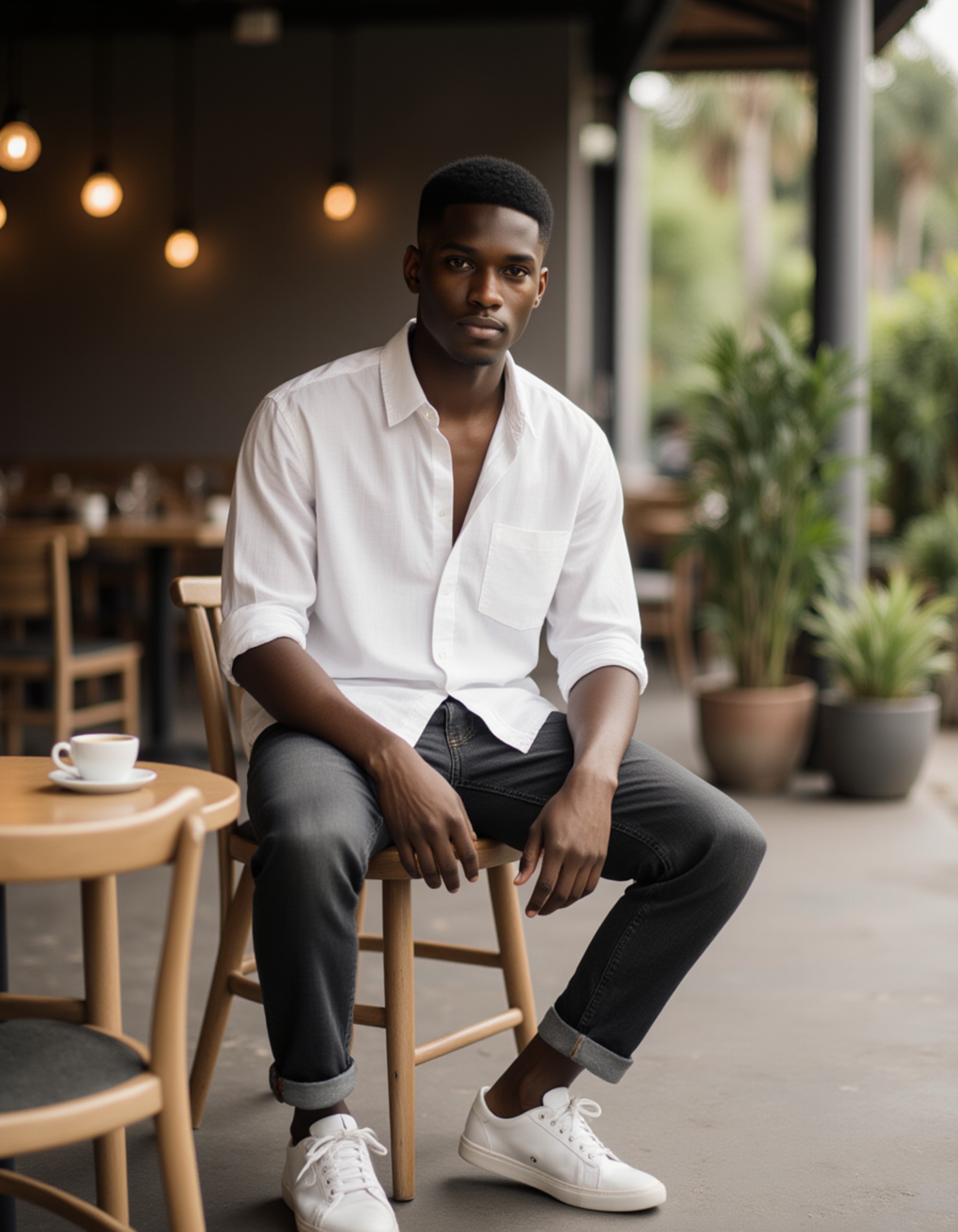 stylish Bali café lifestyle shot, casual summer outfit with natural textures, seated outdoors with a coffee, relaxed influencer vibe in soft daylight