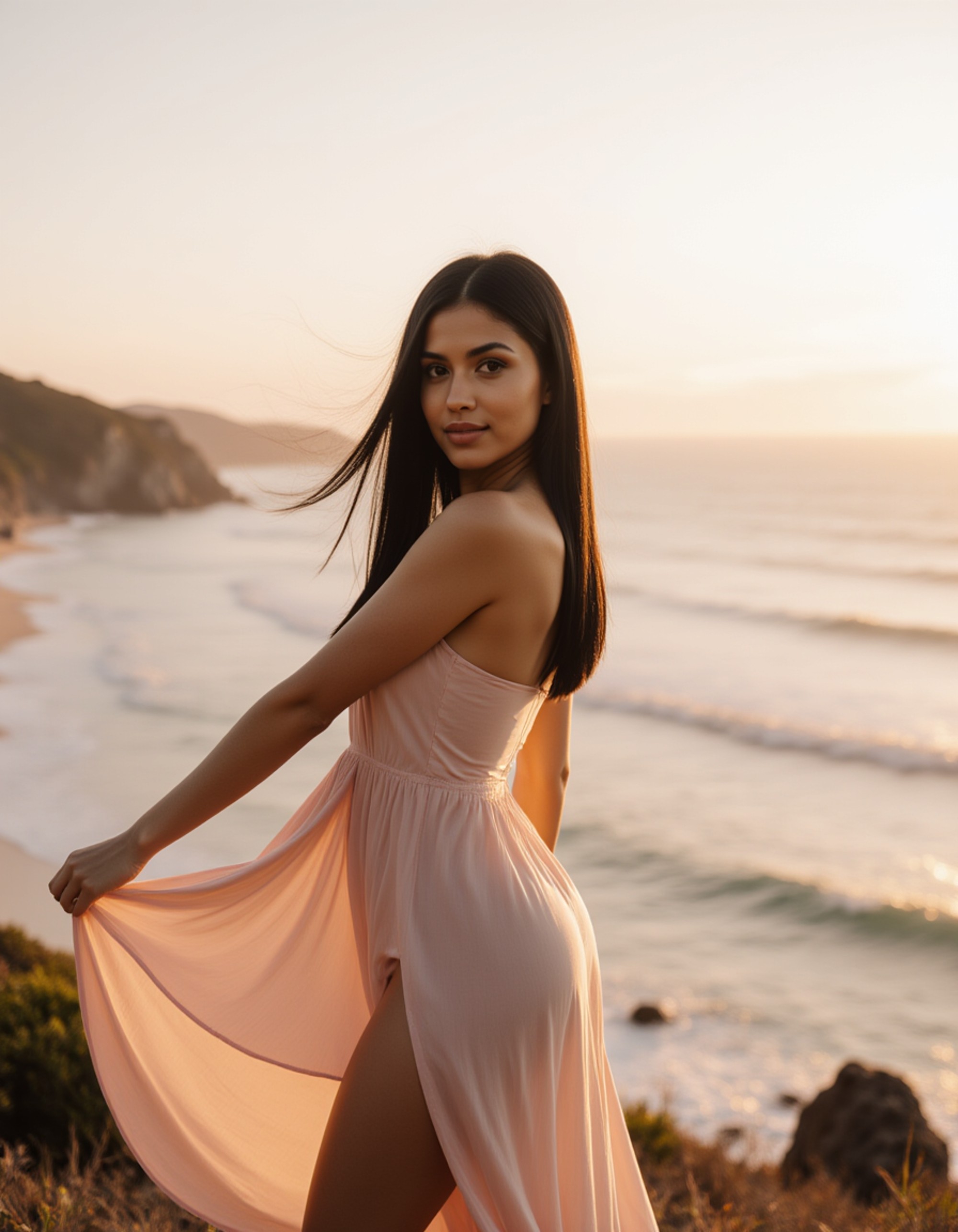 Bali influencer photoshoot on a cliff overlooking the ocean, flowing pastel dress, relaxed confident pose, warm golden-hour light and expansive tropical seascape