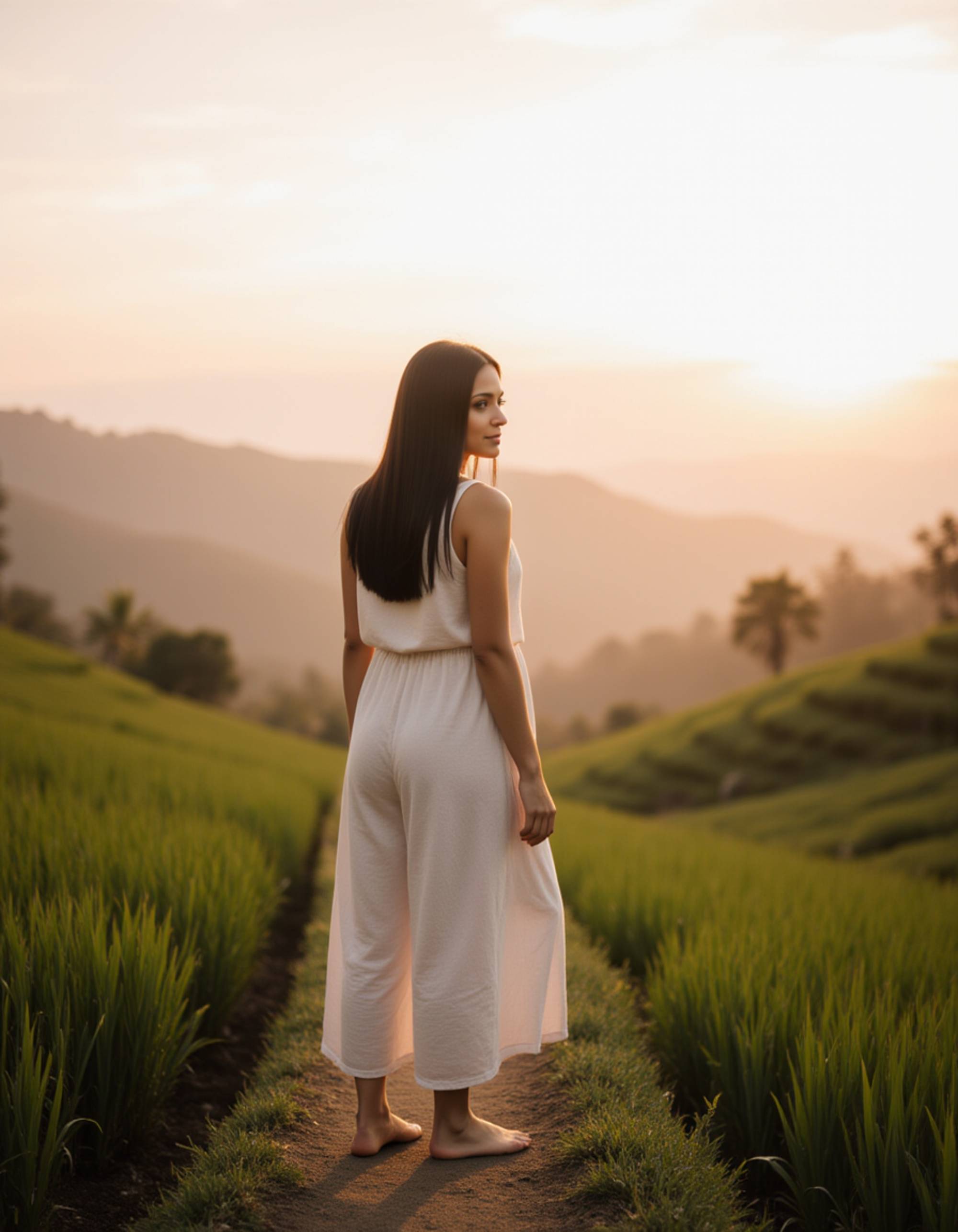 sunrise Bali rice terrace scene, minimalist linen outfit, barefoot on narrow paths, serene influencer pose with misty fields and pastel sky