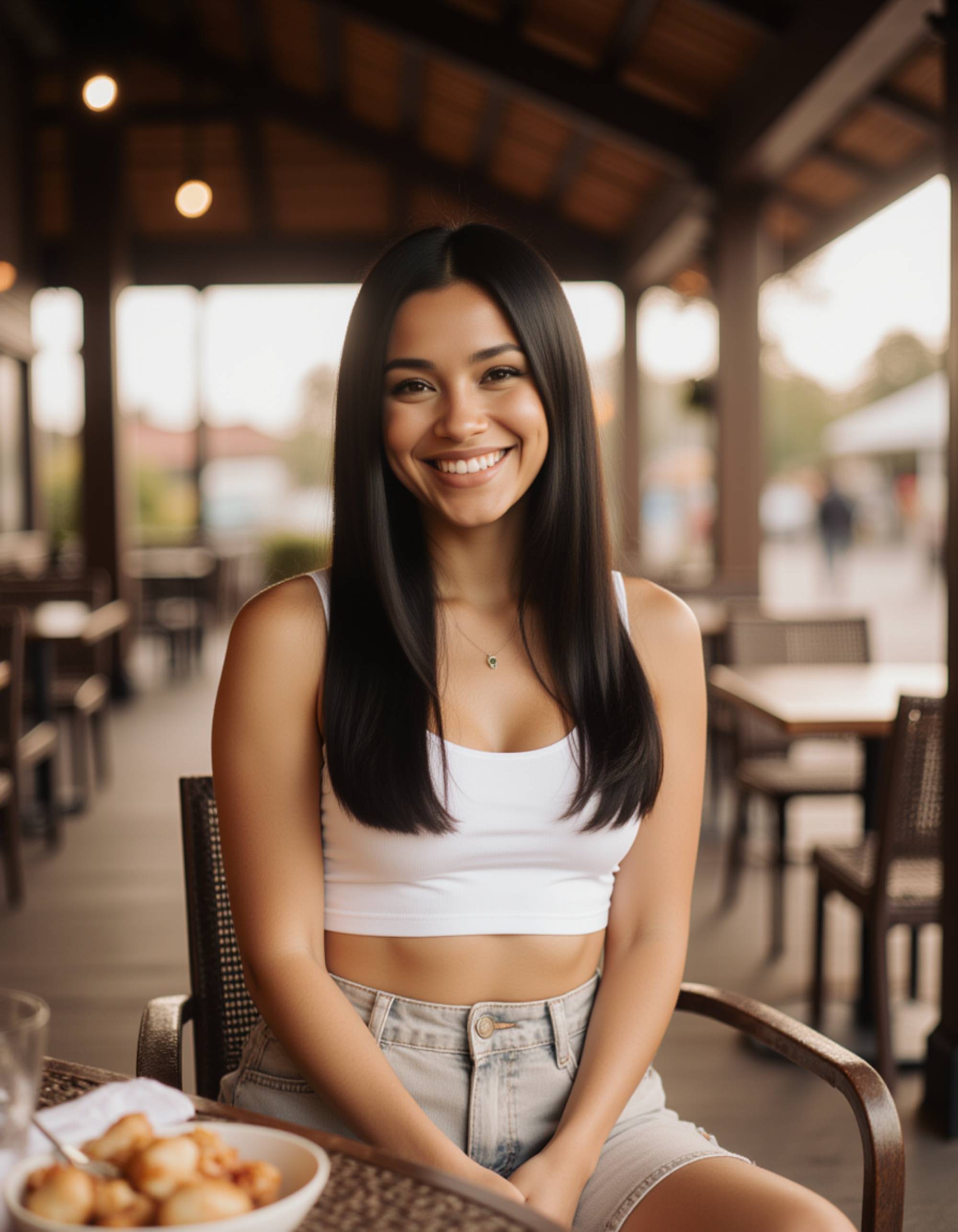 modern Bali café lifestyle shot, chic summer outfit with neutral colors, seated near open-air wooden architecture, relaxed influencer vibe with warm natural lighting