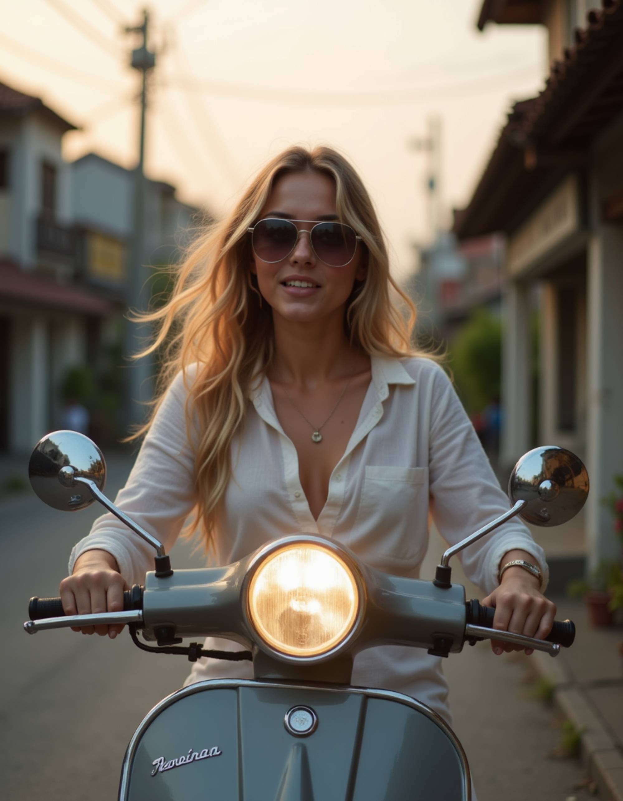 Bali scooter street shot at dawn, oversized sunglasses and modern resort outfit, candid movement through a quiet village street with soft pastel sky