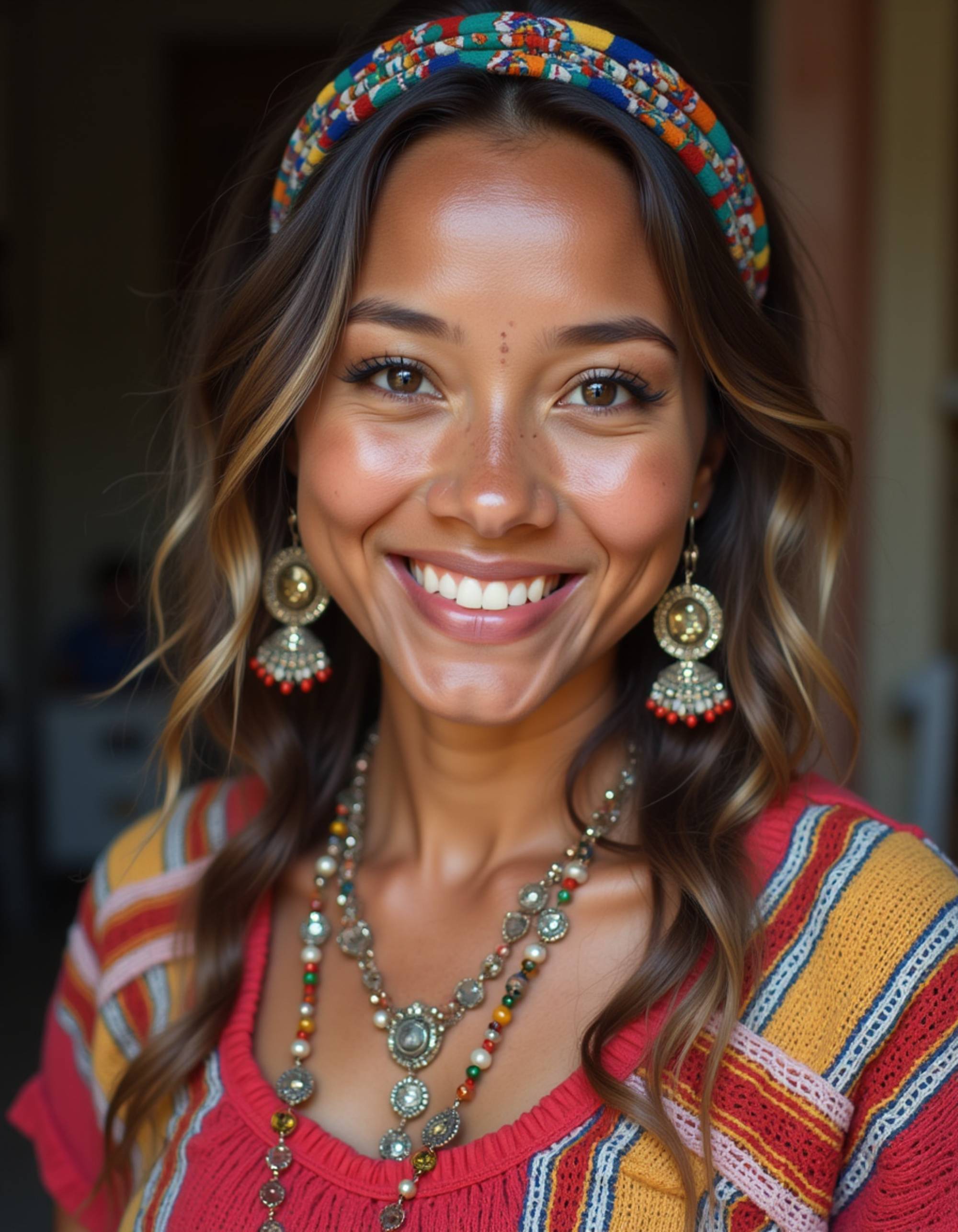 Bali market lifestyle portrait, colorful handcrafted fabrics and layered accessories, natural smile, vibrant textures and lively street energy in soft natural light