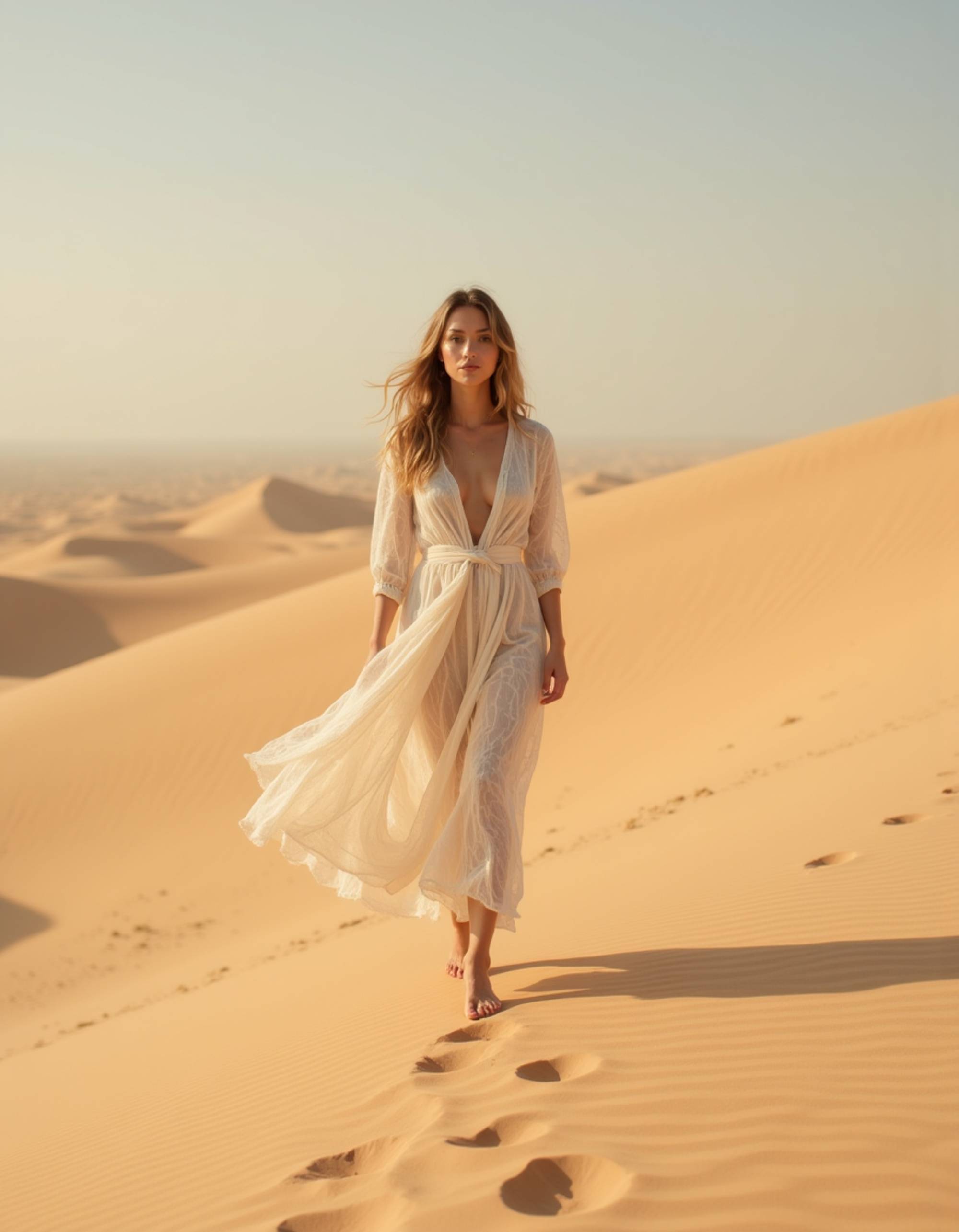 luxury Dubai desert lifestyle shot, flowing elegant outfit in neutral tones, walking across golden sand dunes with dramatic shadows and cinematic depth