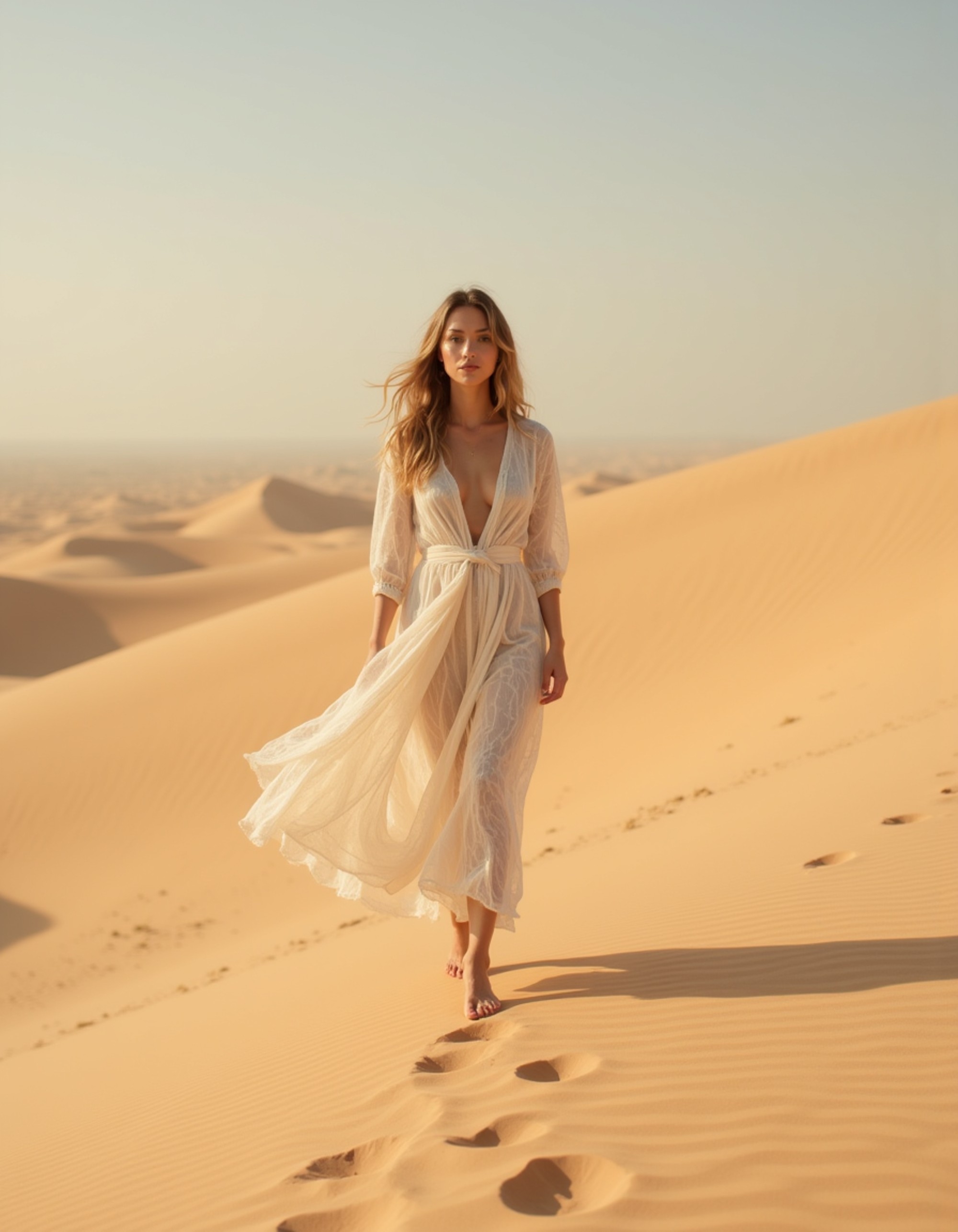 luxury Dubai desert lifestyle shot, flowing elegant outfit in neutral tones, walking across golden sand dunes with dramatic shadows and cinematic depth