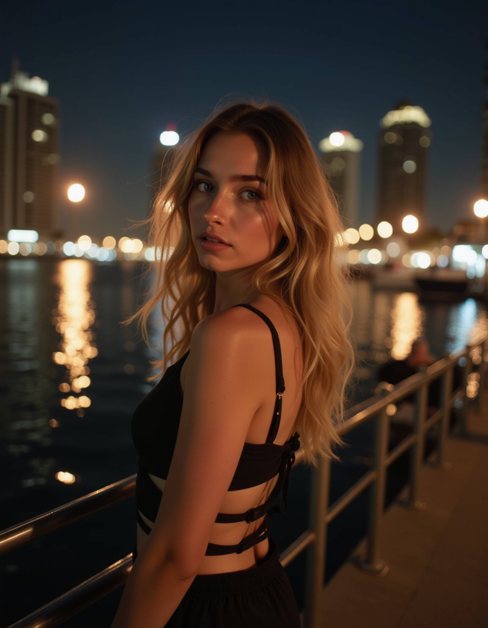 Dubai marina lifestyle scene at night, refined evening outfit, city lights reflecting on water, composed influencer pose with a cinematic urban atmosphere
