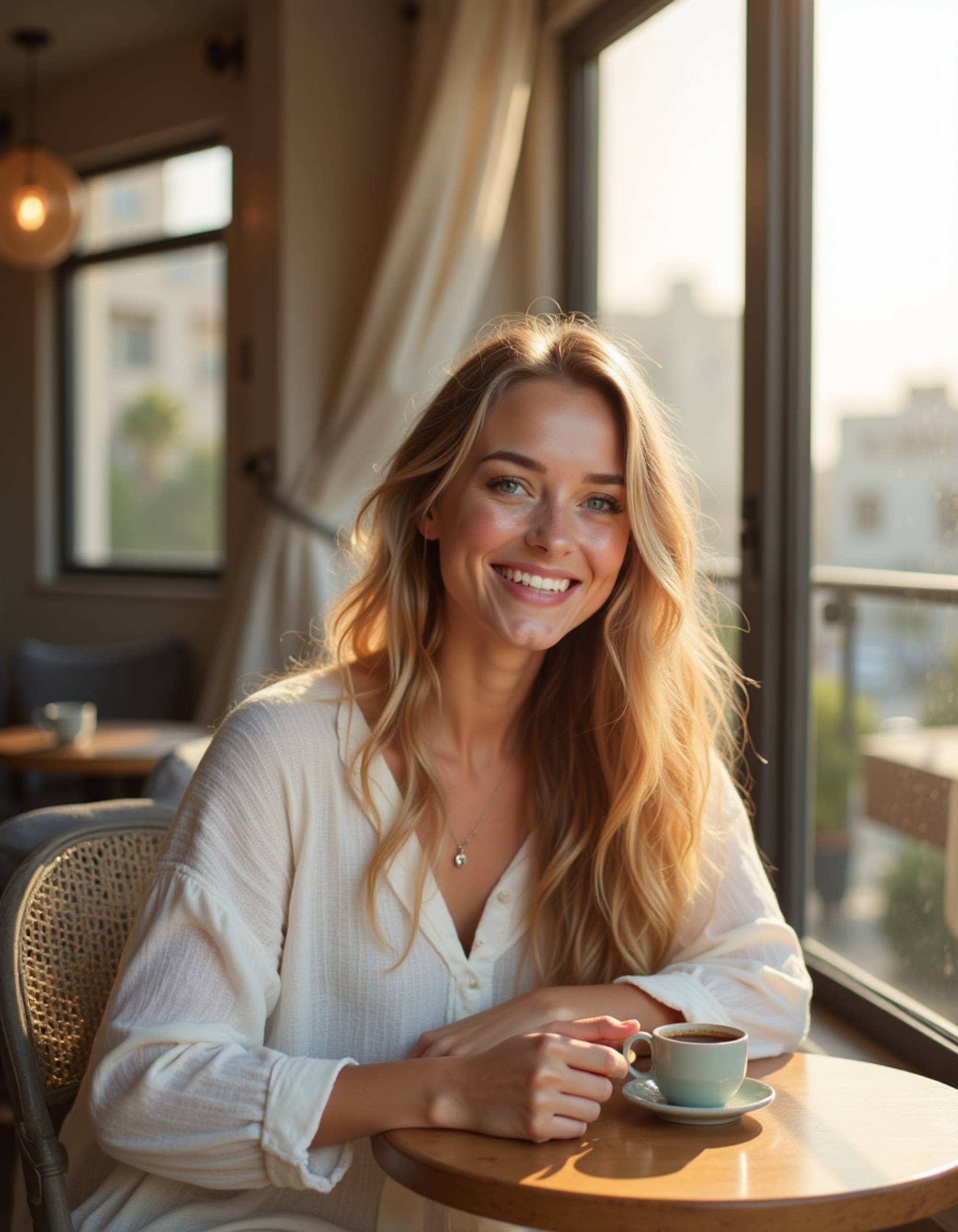 modern Dubai café photoshoot, stylish contemporary outfit, seated on a terrace with architectural details, relaxed influencer vibe under soft morning light