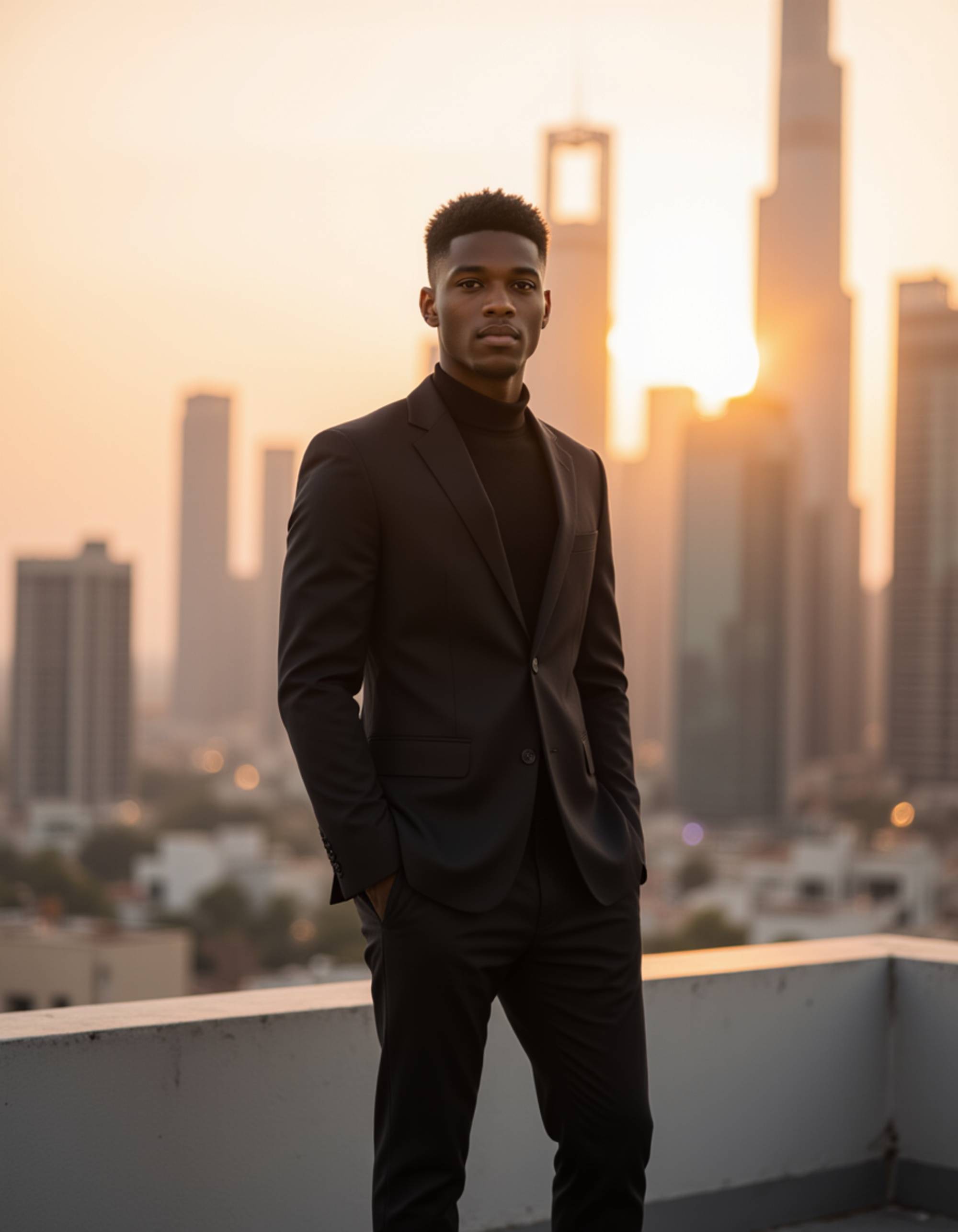 Dubai influencer rooftop photoshoot at sunset, tailored modern outfit with sharp lines, confident stance overlooking the skyline, warm light reflecting off glass skyscrapers
