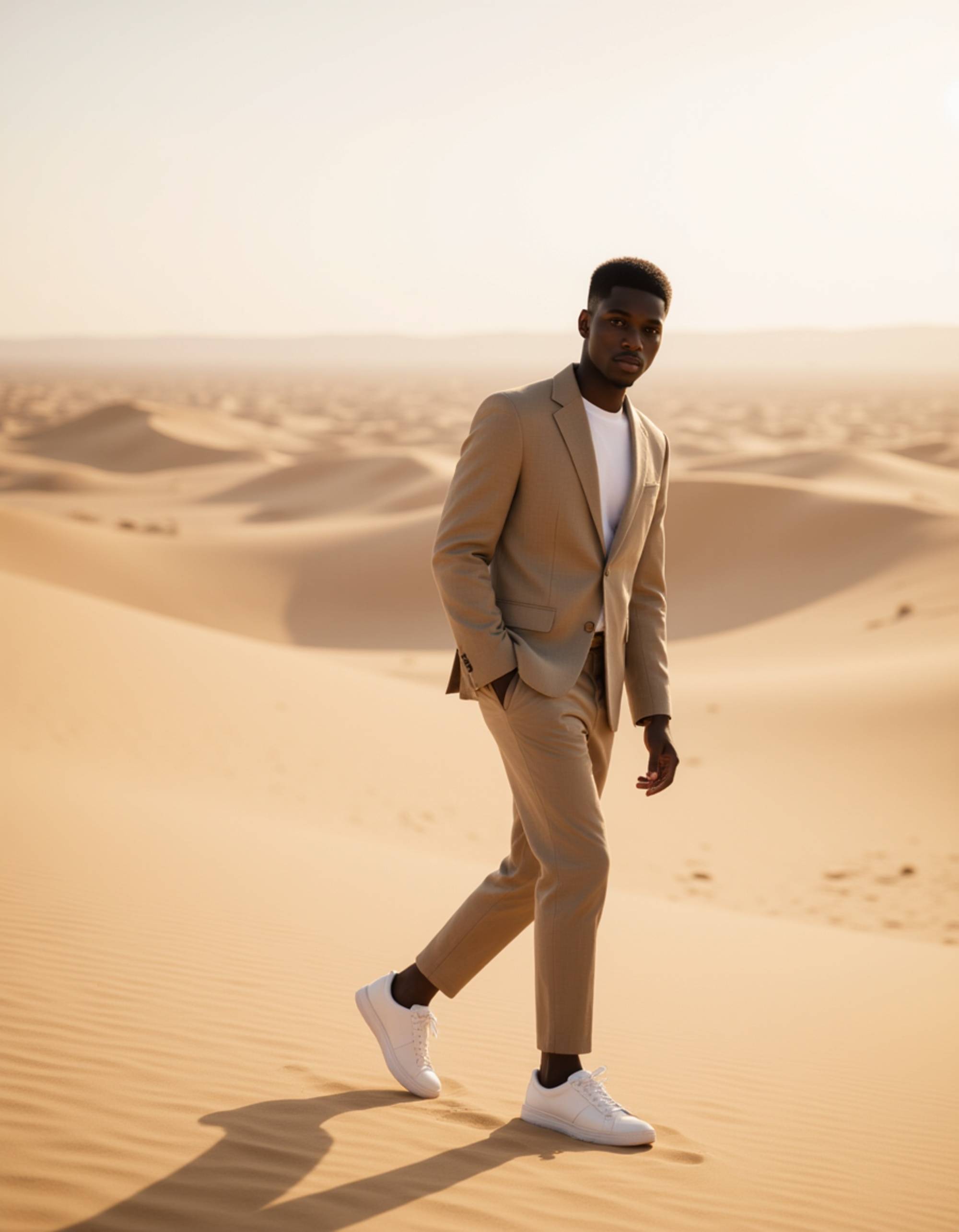 luxury Dubai desert lifestyle scene, refined neutral-toned outfit, walking across sweeping sand dunes with dramatic shadows and a cinematic, high-end aesthetic