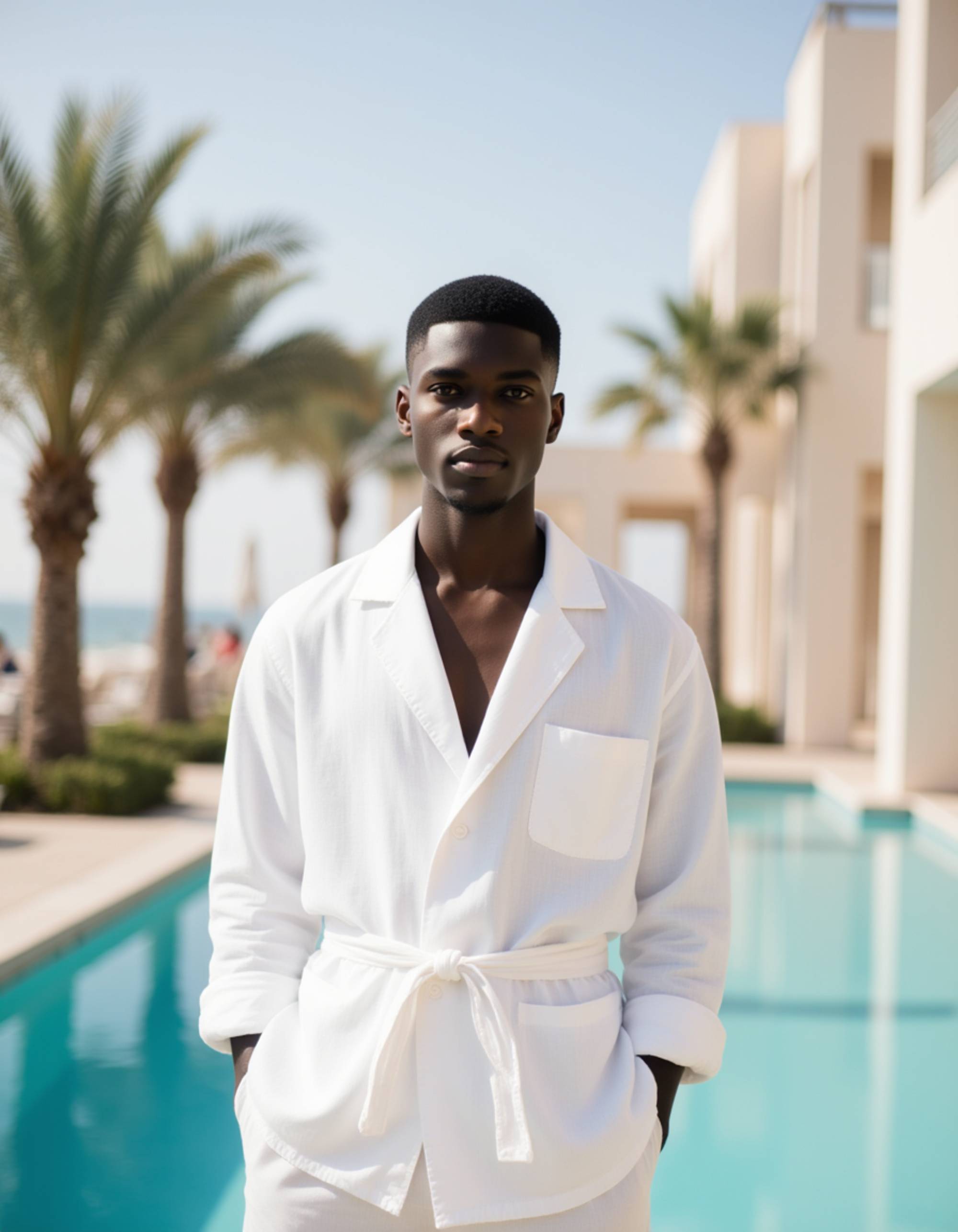 Dubai influencer poolside portrait at a five-star resort, minimalist resort wear, relaxed confident posture with palm trees and contemporary architecture in the background