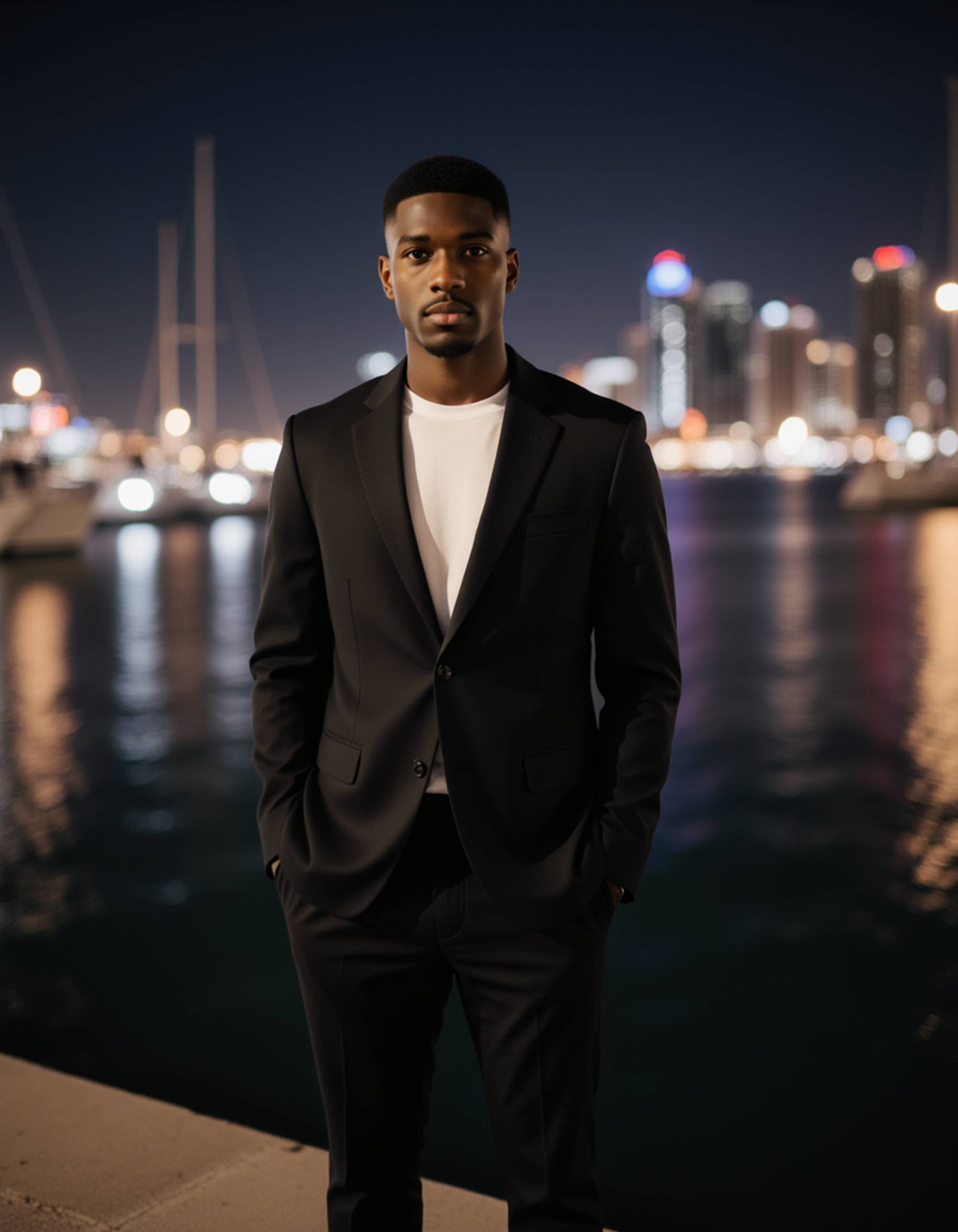 Dubai marina night photoshoot, sleek evening outfit, city lights reflecting on the water, composed influencer pose with a polished urban atmosphere