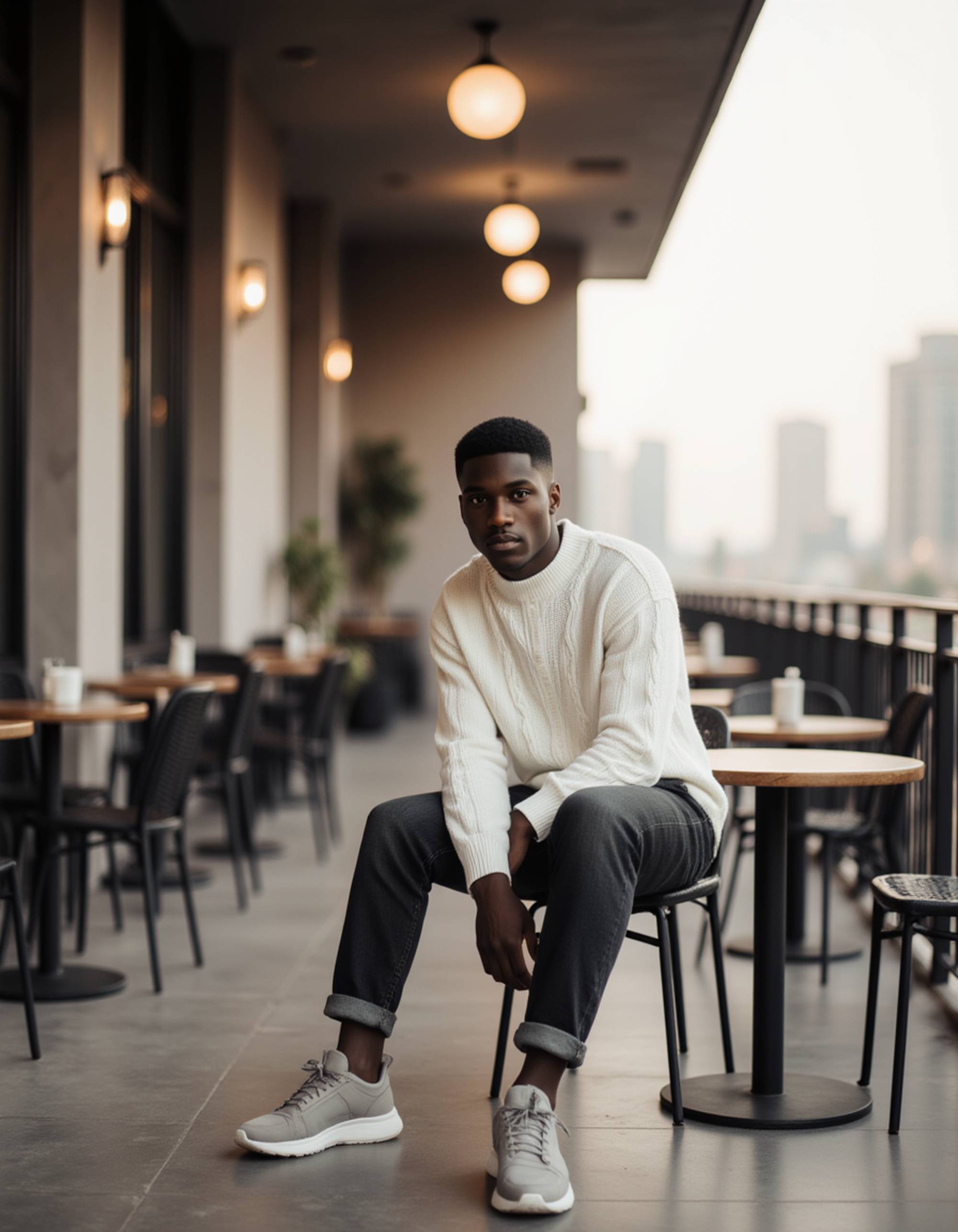 modern Dubai café lifestyle shot, premium casual outfit with clean textures, seated on a terrace with bold architectural elements, relaxed luxury influencer vibe