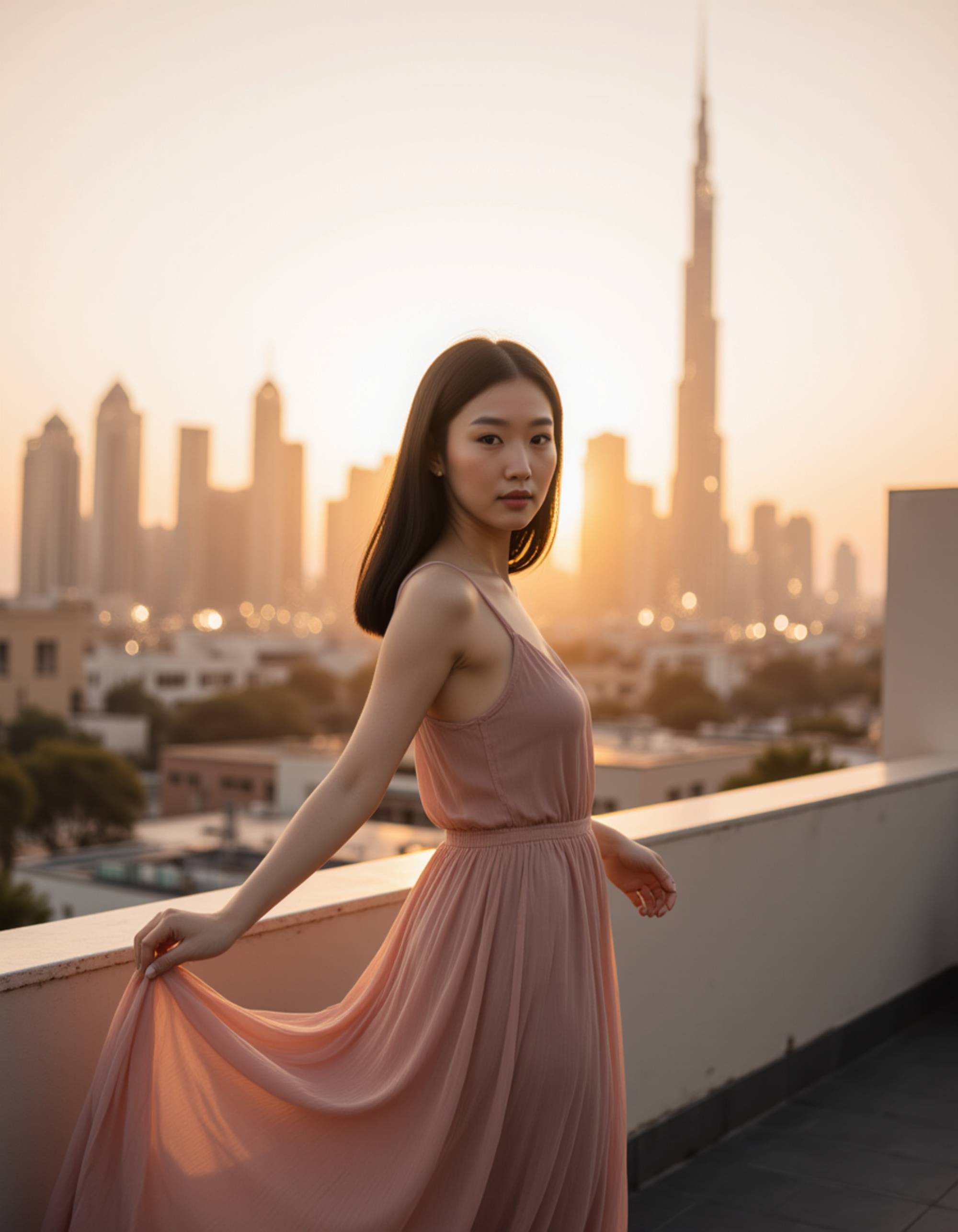 Dubai influencer rooftop photoshoot at golden hour, flowing elegant dress with subtle shimmer, confident pose overlooking the skyline, warm light reflecting off glass towers