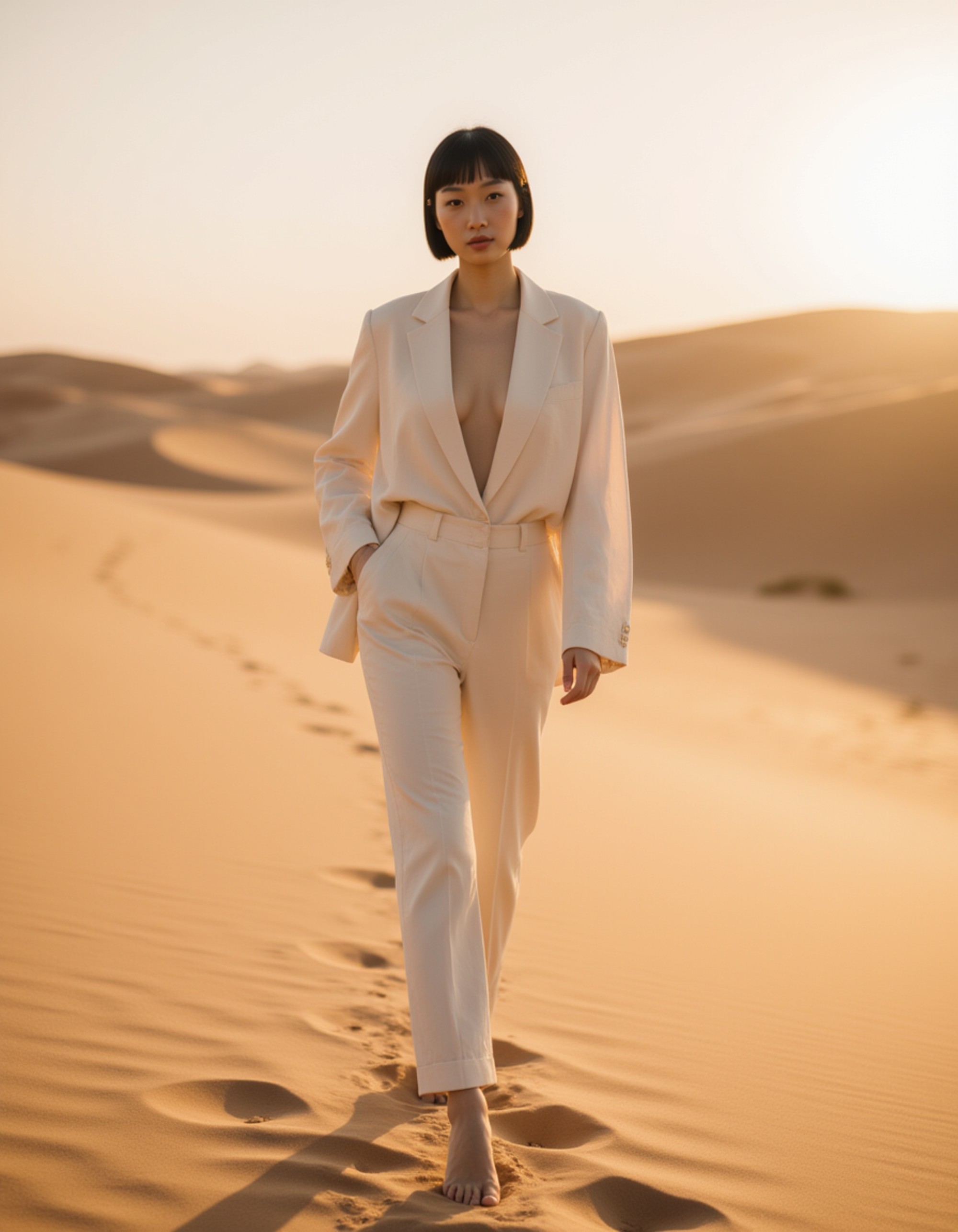 luxury Dubai desert lifestyle scene, lightweight couture-inspired outfit, walking across golden sand dunes with dramatic shadows and a cinematic, high-fashion mood