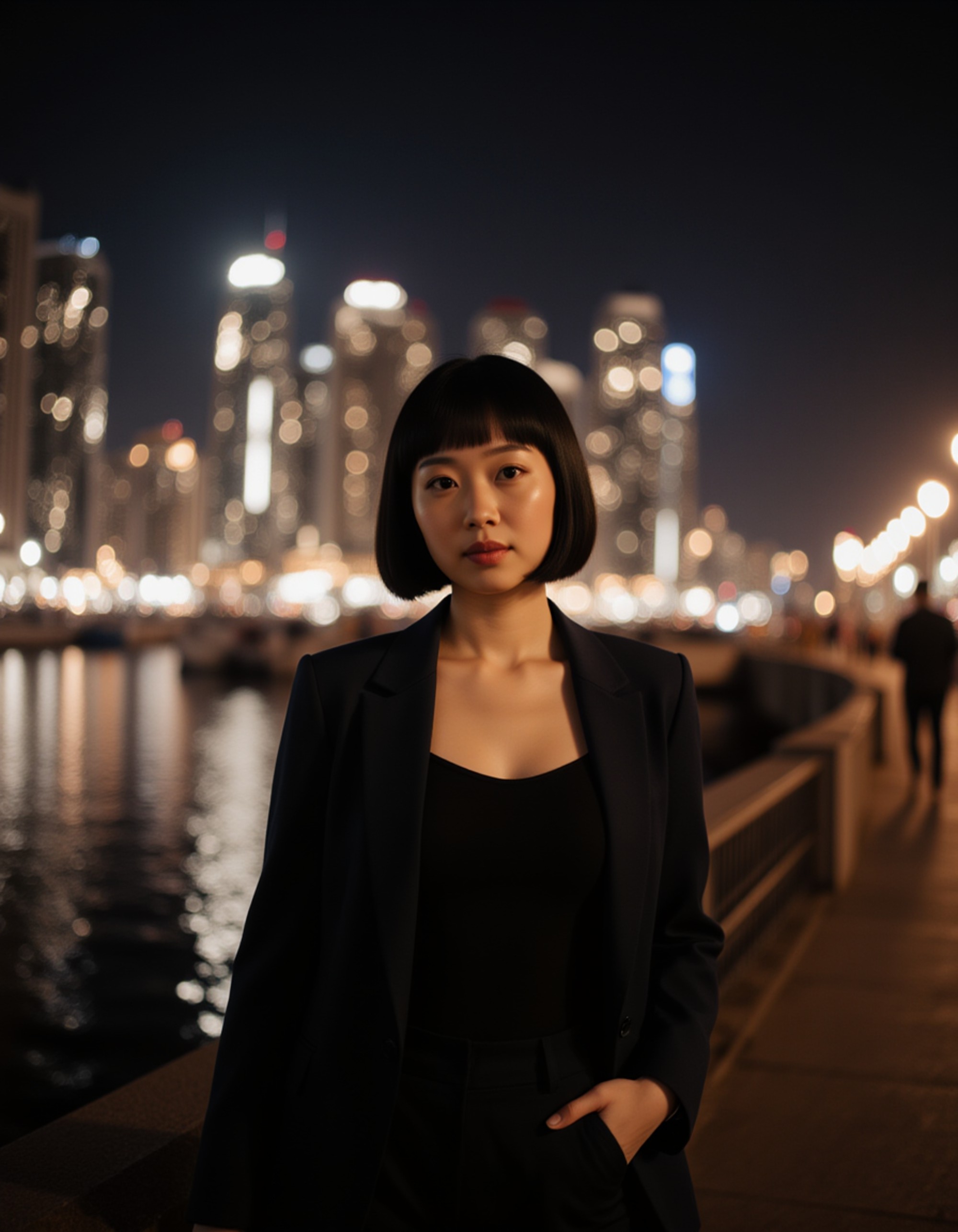 Dubai marina night photoshoot, sophisticated evening outfit, city lights reflecting on the water, poised influencer stance with a glamorous urban atmosphere