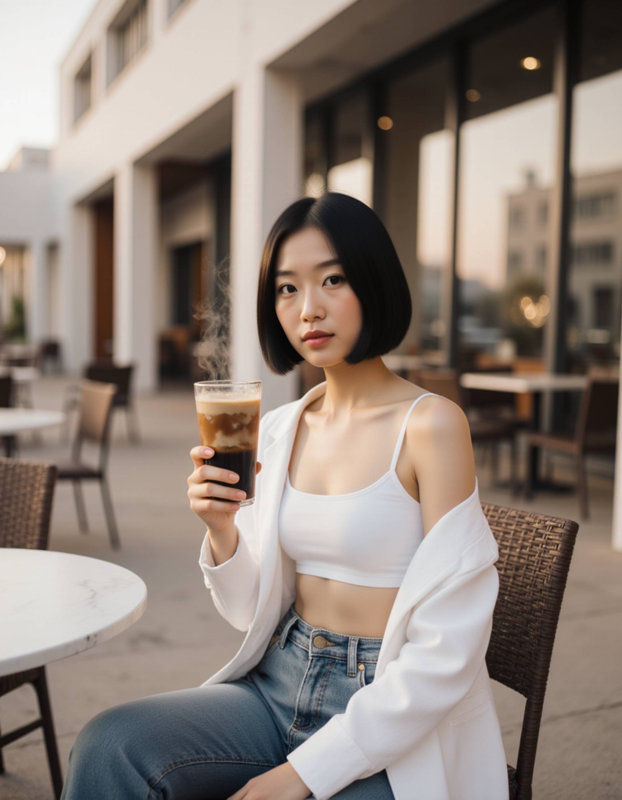 modern Dubai café lifestyle shot, high-end casual outfit with clean silhouettes, seated on a terrace with contemporary architectural lines, relaxed luxury influencer vibe