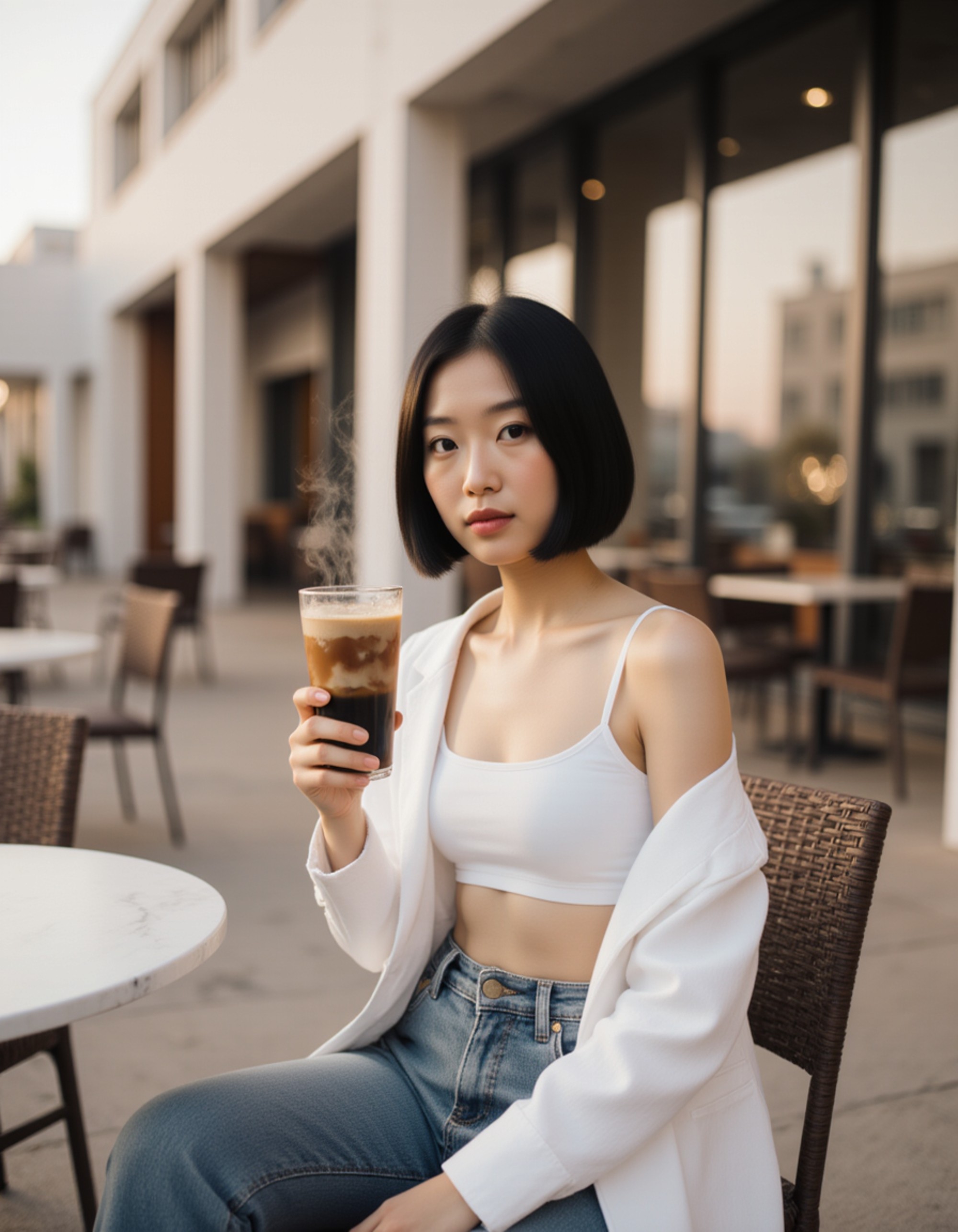 modern Dubai café lifestyle shot, high-end casual outfit with clean silhouettes, seated on a terrace with contemporary architectural lines, relaxed luxury influencer vibe