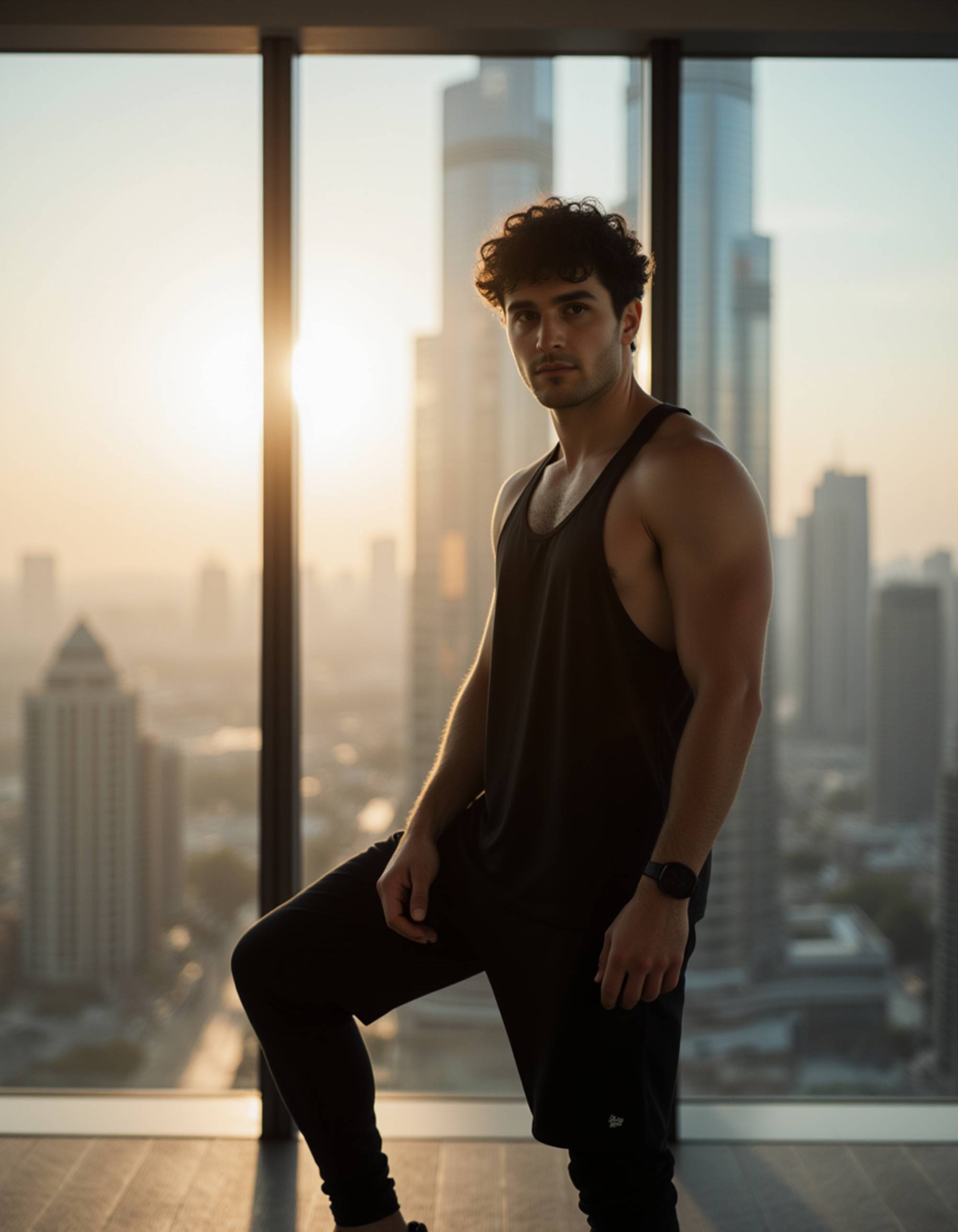 Dubai influencer sunrise gym photoshoot, modern athletic outfit, reflective glass walls, focused expression with the city skyline glowing in early morning light