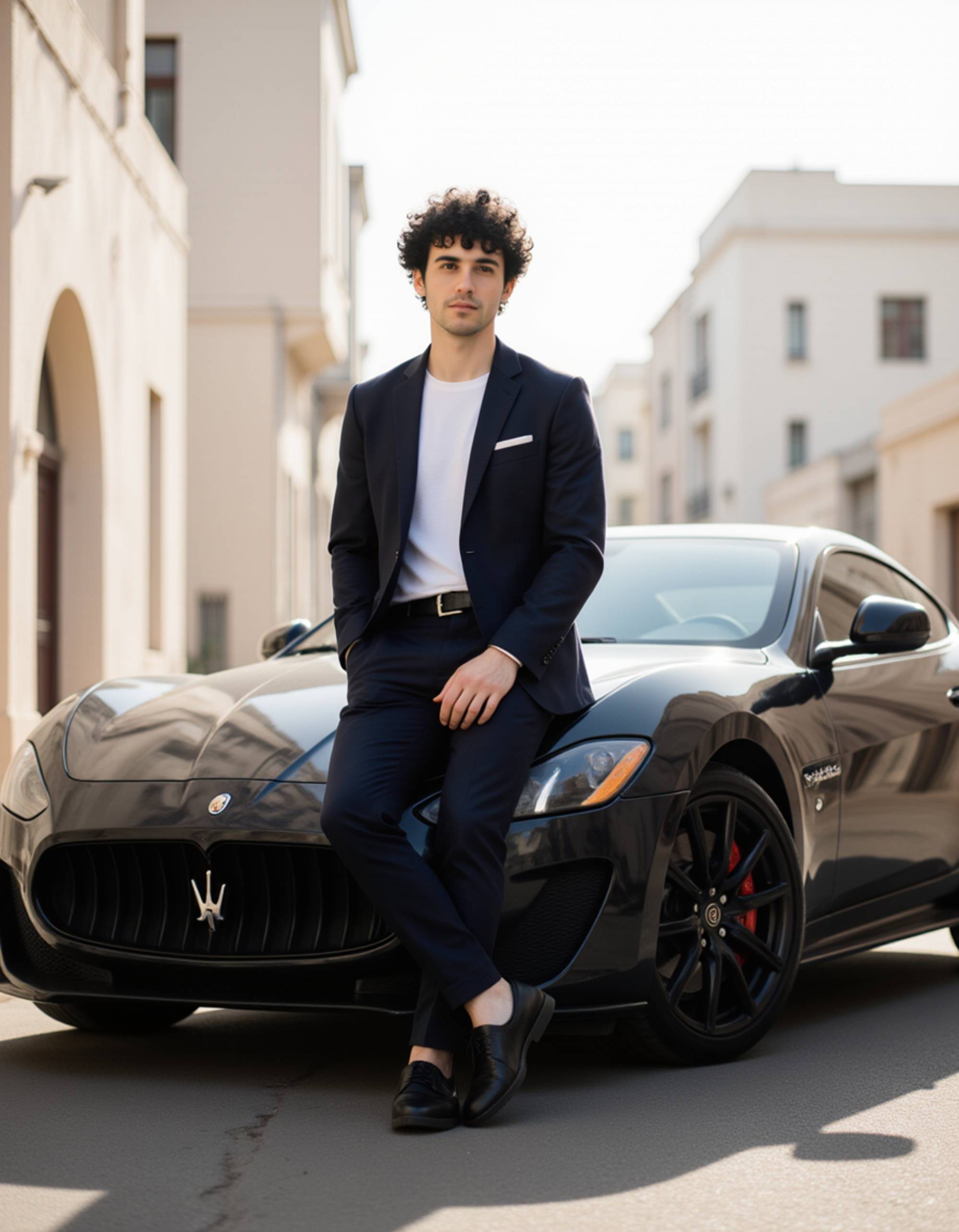 Dubai luxury car lifestyle shot, tailored streetwear, leaning casually against a high-end sports car under sharp midday sun, bold urban energy