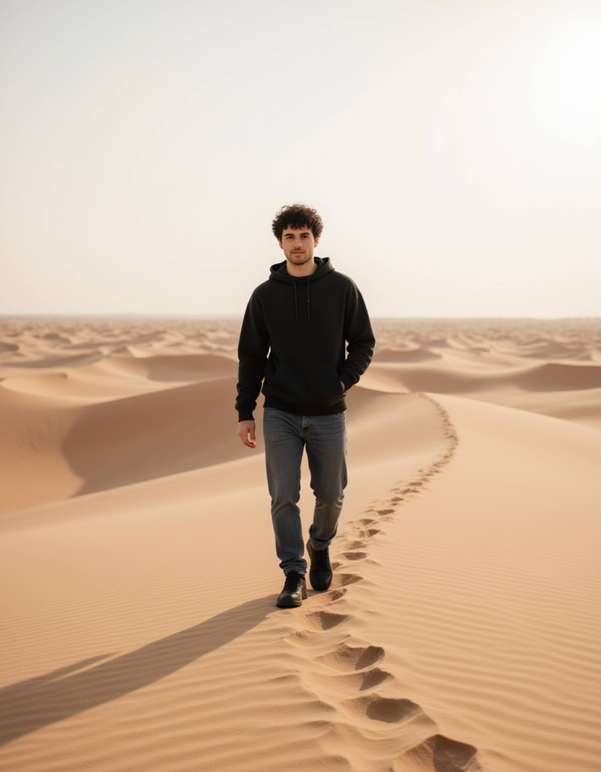 Dubai desert adventure scene, technical outdoor outfit, walking along wind-sculpted dunes with strong shadows and expansive cinematic framing