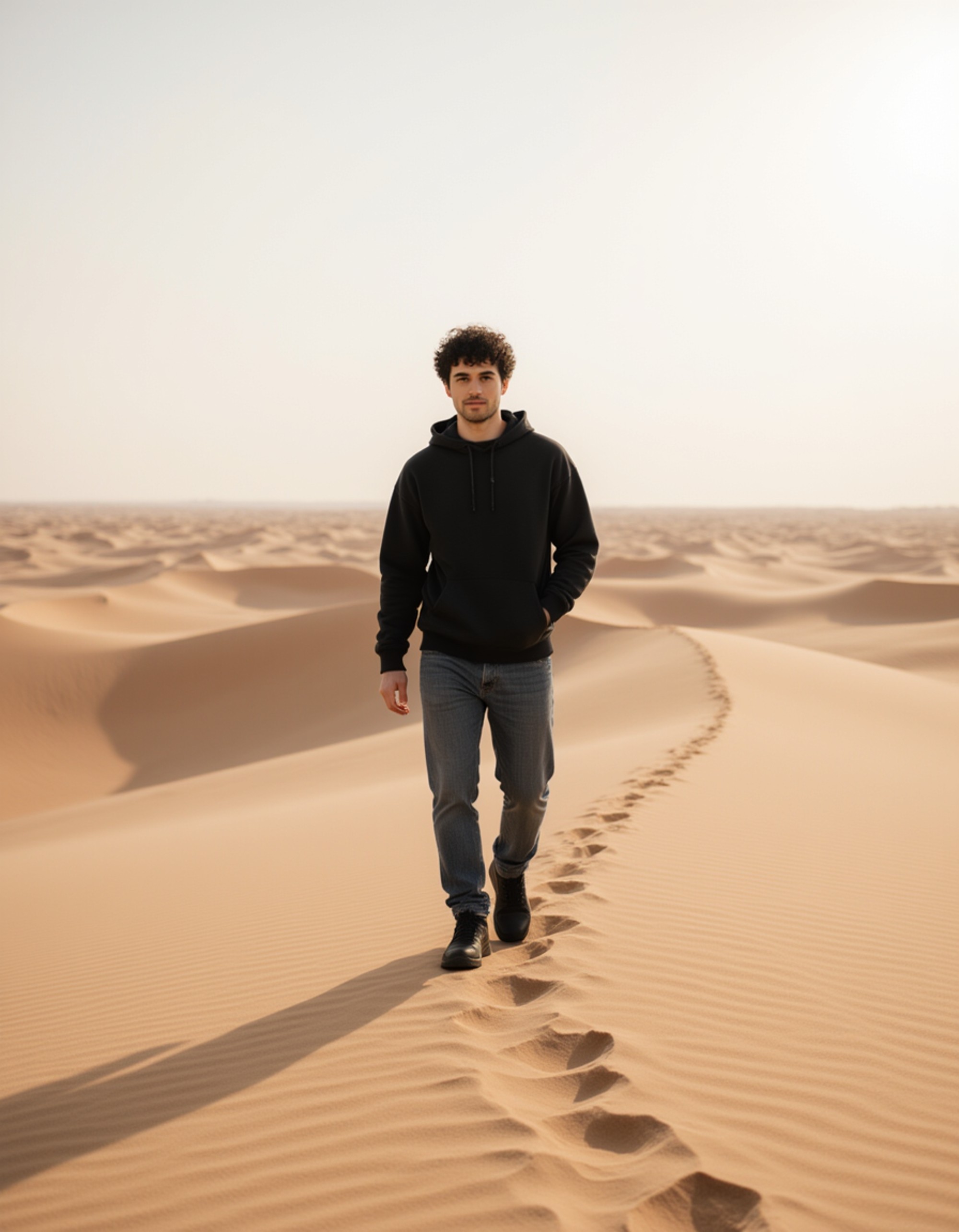 Dubai desert adventure scene, technical outdoor outfit, walking along wind-sculpted dunes with strong shadows and expansive cinematic framing