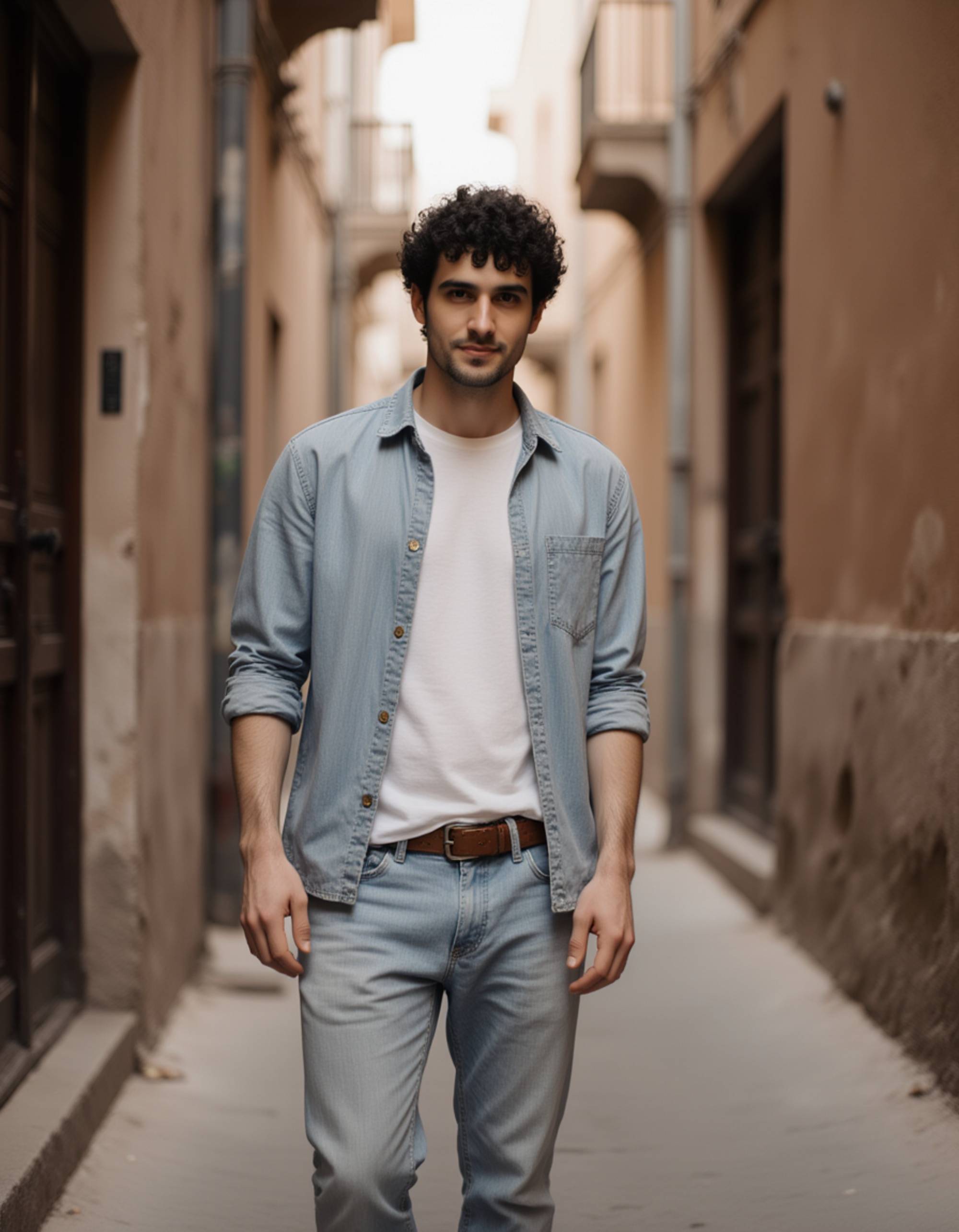 Dubai old souk lifestyle portrait, relaxed casual outfit, moving through narrow market alleys, warm textures, candid street-photography aesthetic