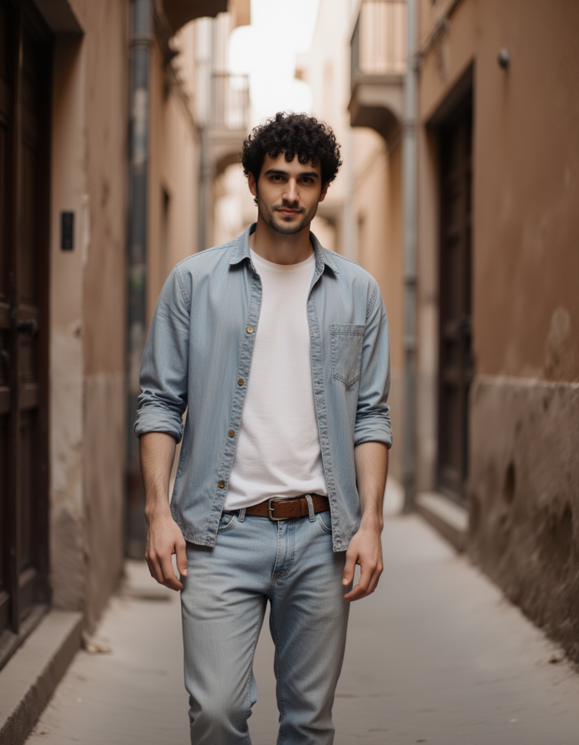 Dubai old souk lifestyle portrait, relaxed casual outfit, moving through narrow market alleys, warm textures, candid street-photography aesthetic