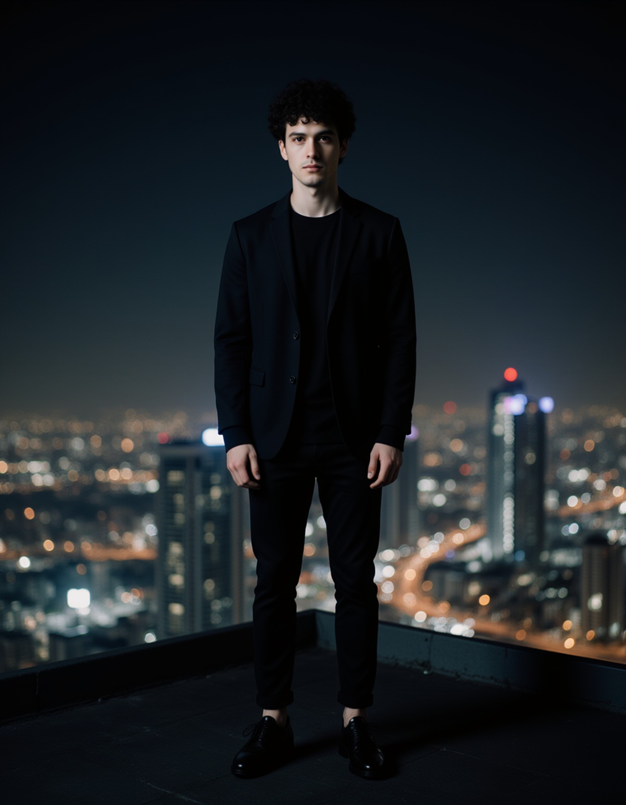 Dubai night helipad photoshoot, sleek dark outfit, standing at the edge with city lights far below, dramatic high-contrast cinematic mood