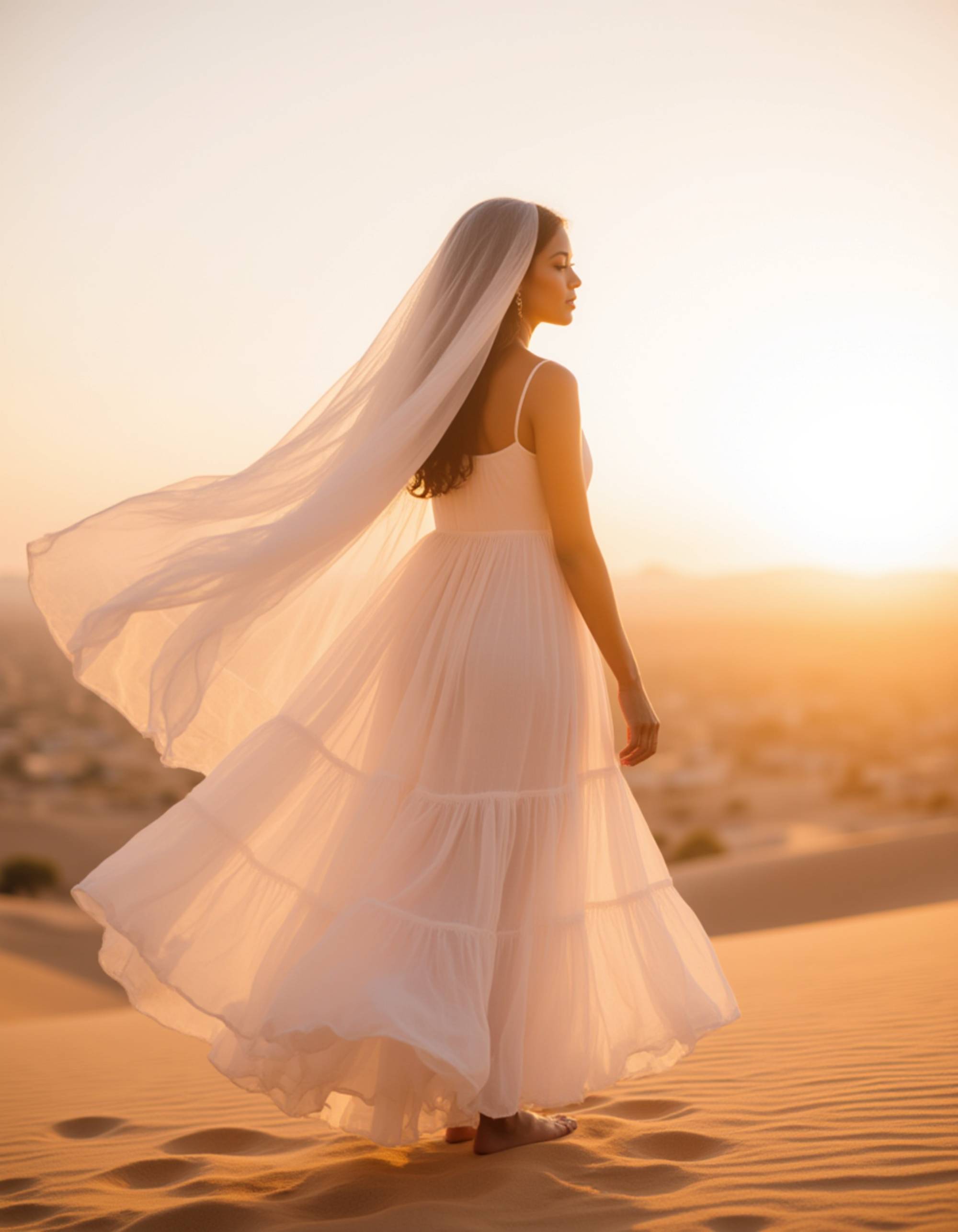 Dubai influencer sunrise photoshoot in a hot air balloon, flowing lightweight dress moving in the wind, soft pastel sky above the desert, dreamy and cinematic atmosphere