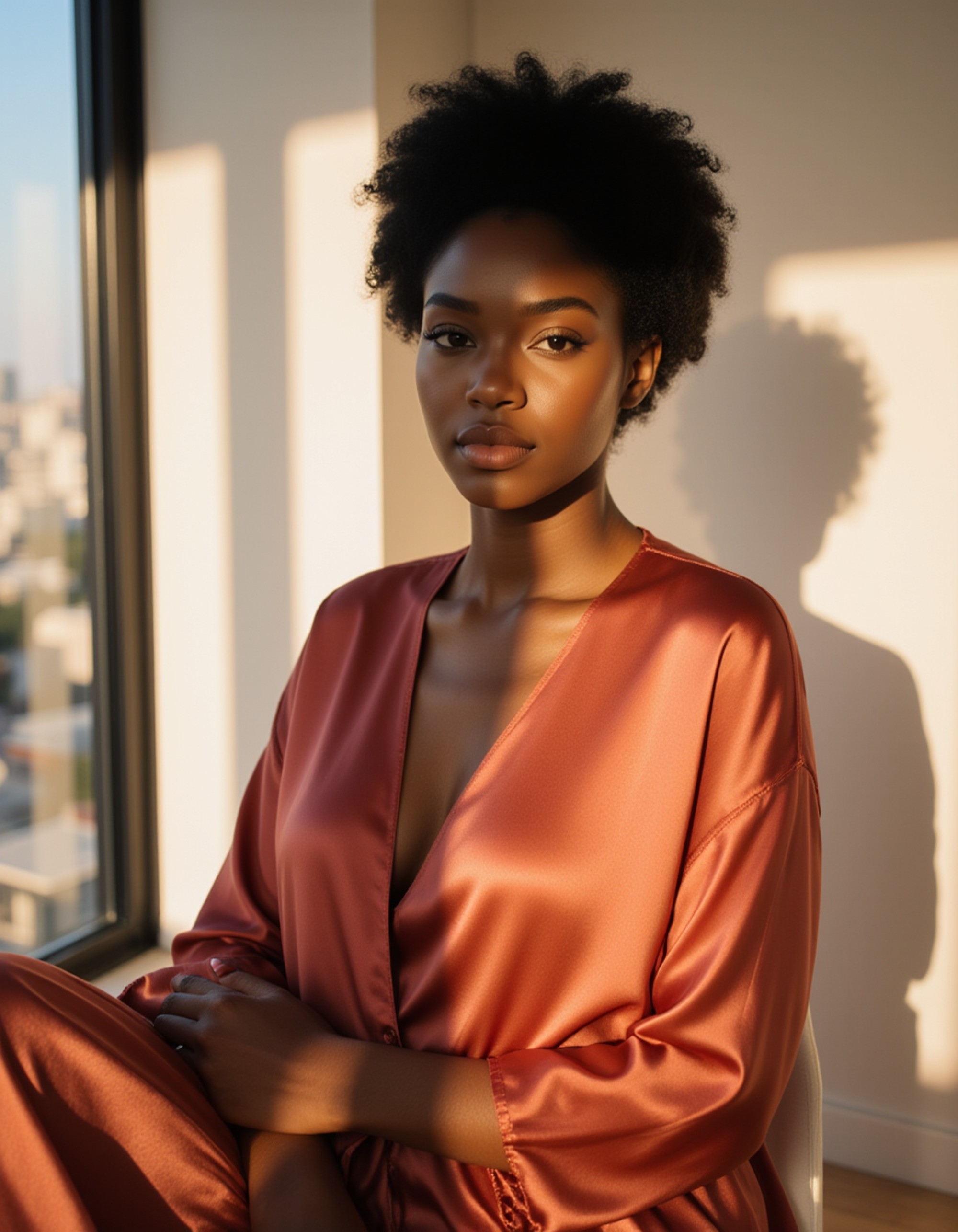 luxury Dubai penthouse interior scene, silk lounge outfit, natural window light casting long shadows, calm confident pose with minimalist high-end decor