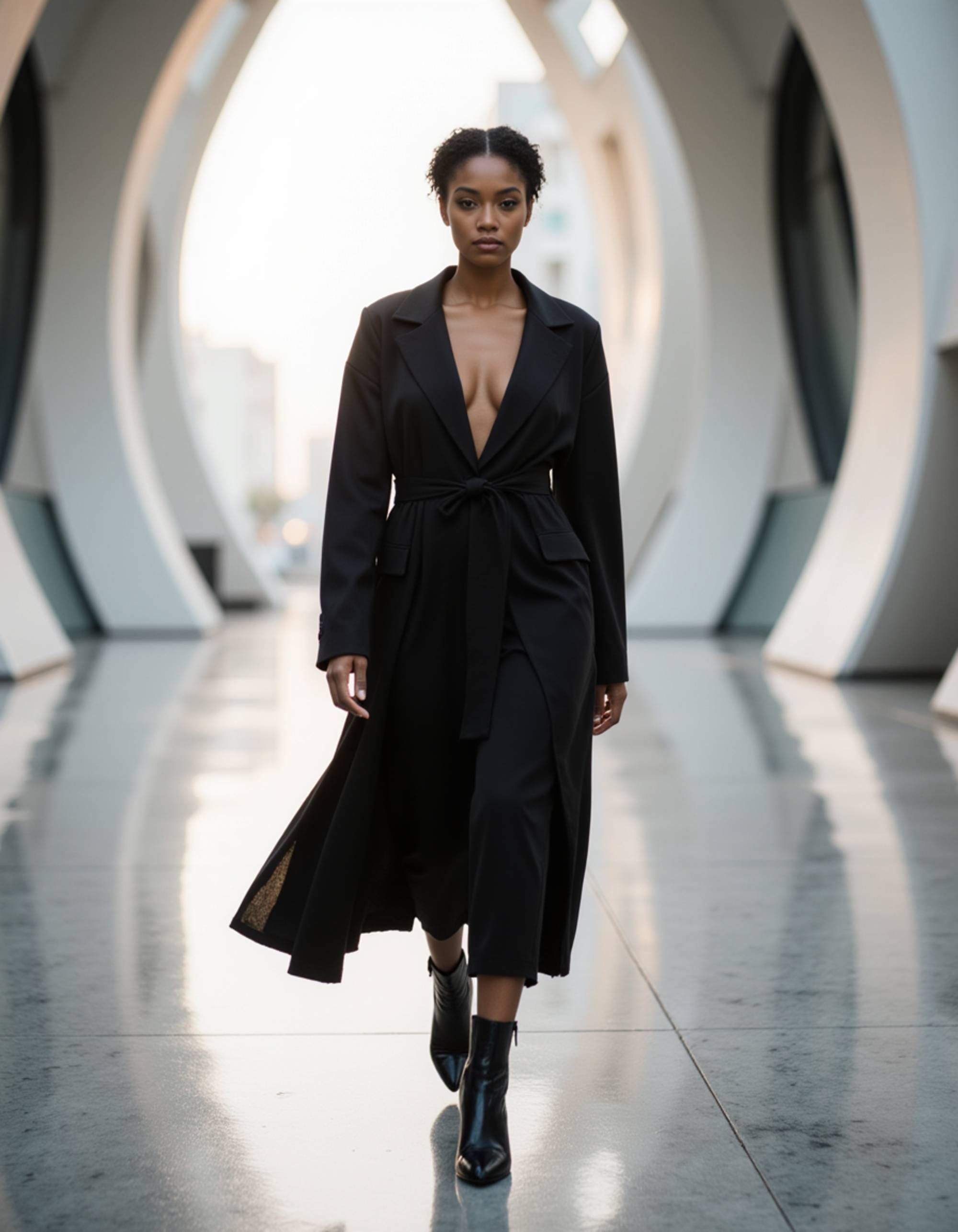 Dubai fashion street-style photoshoot, avant-garde outfit with strong silhouettes, walking through futuristic architecture, editorial high-fashion mood