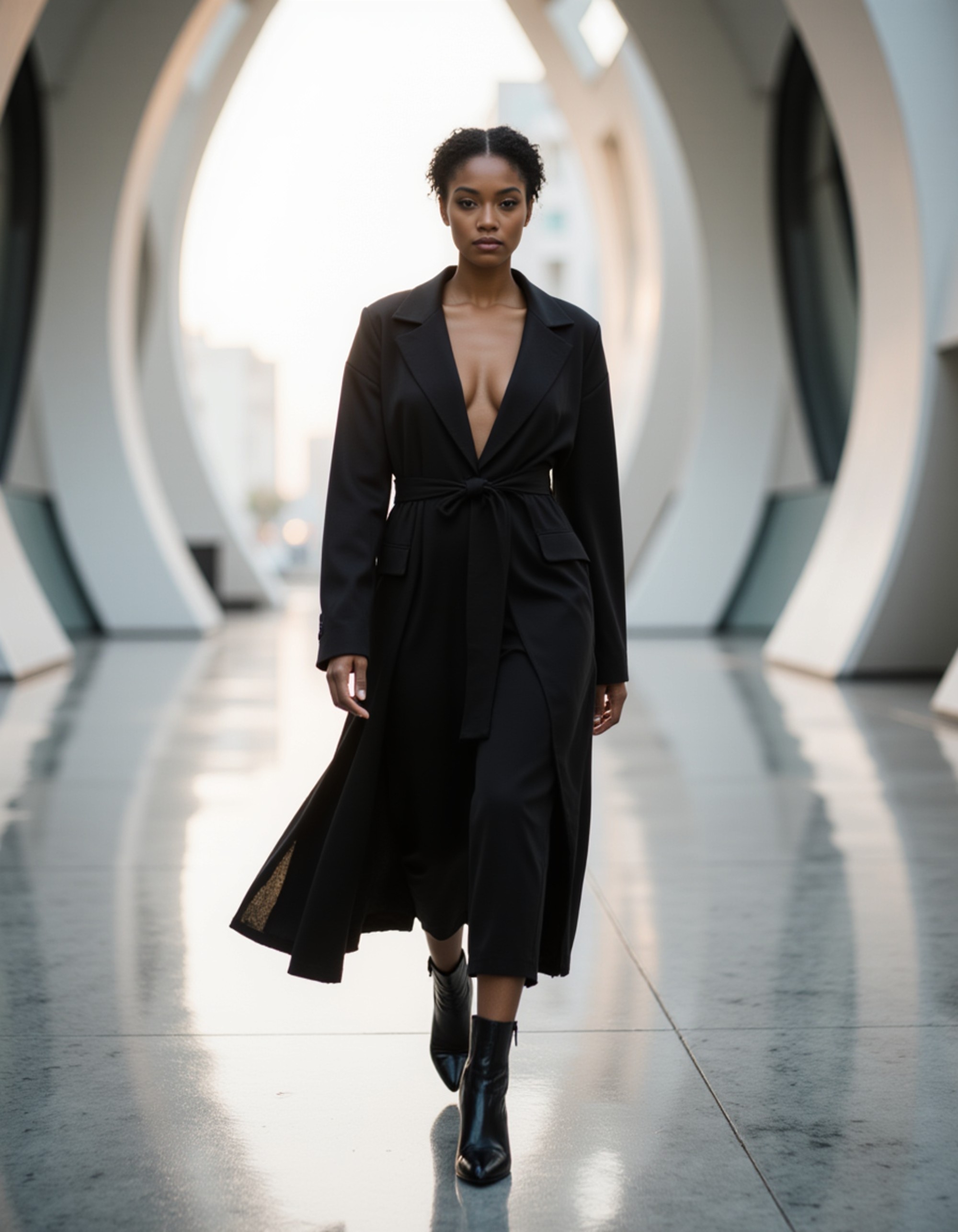 Dubai fashion street-style photoshoot, avant-garde outfit with strong silhouettes, walking through futuristic architecture, editorial high-fashion mood