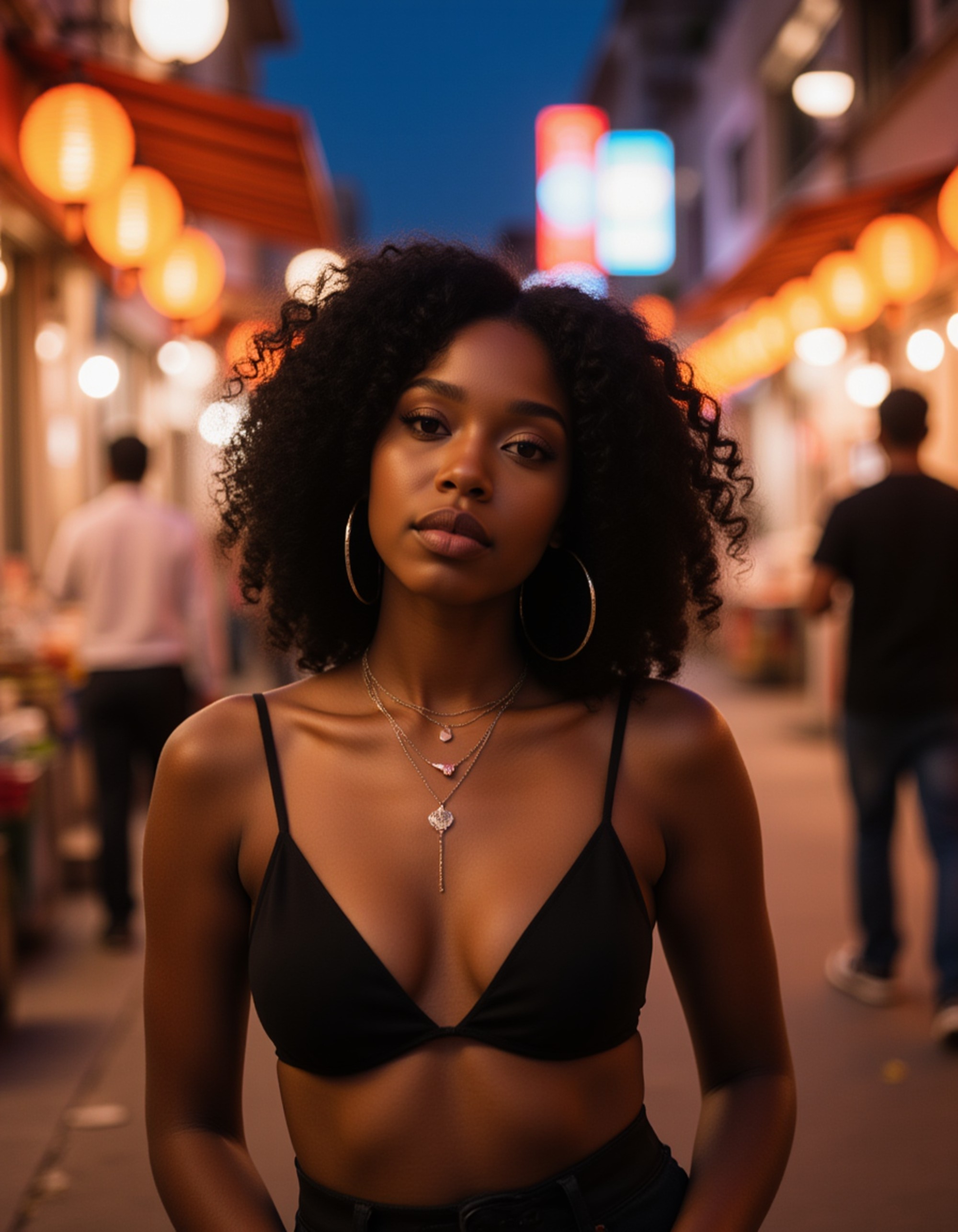 Dubai night market lifestyle portrait, elegant casual outfit with layered accessories, warm neon and lantern lights, lively atmosphere with authentic urban charm