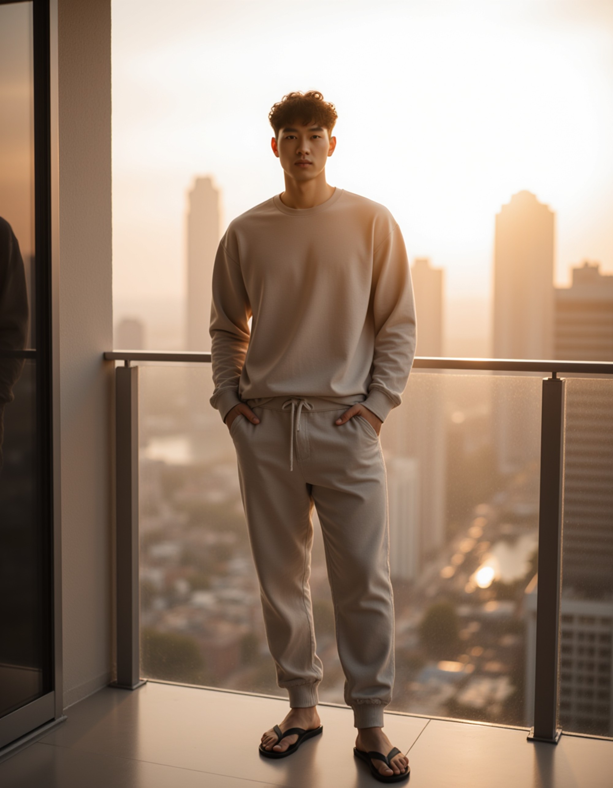 Dubai influencer dawn photoshoot on a high-rise balcony, minimalist loungewear, calm confident posture, soft sunrise light washing over the skyline