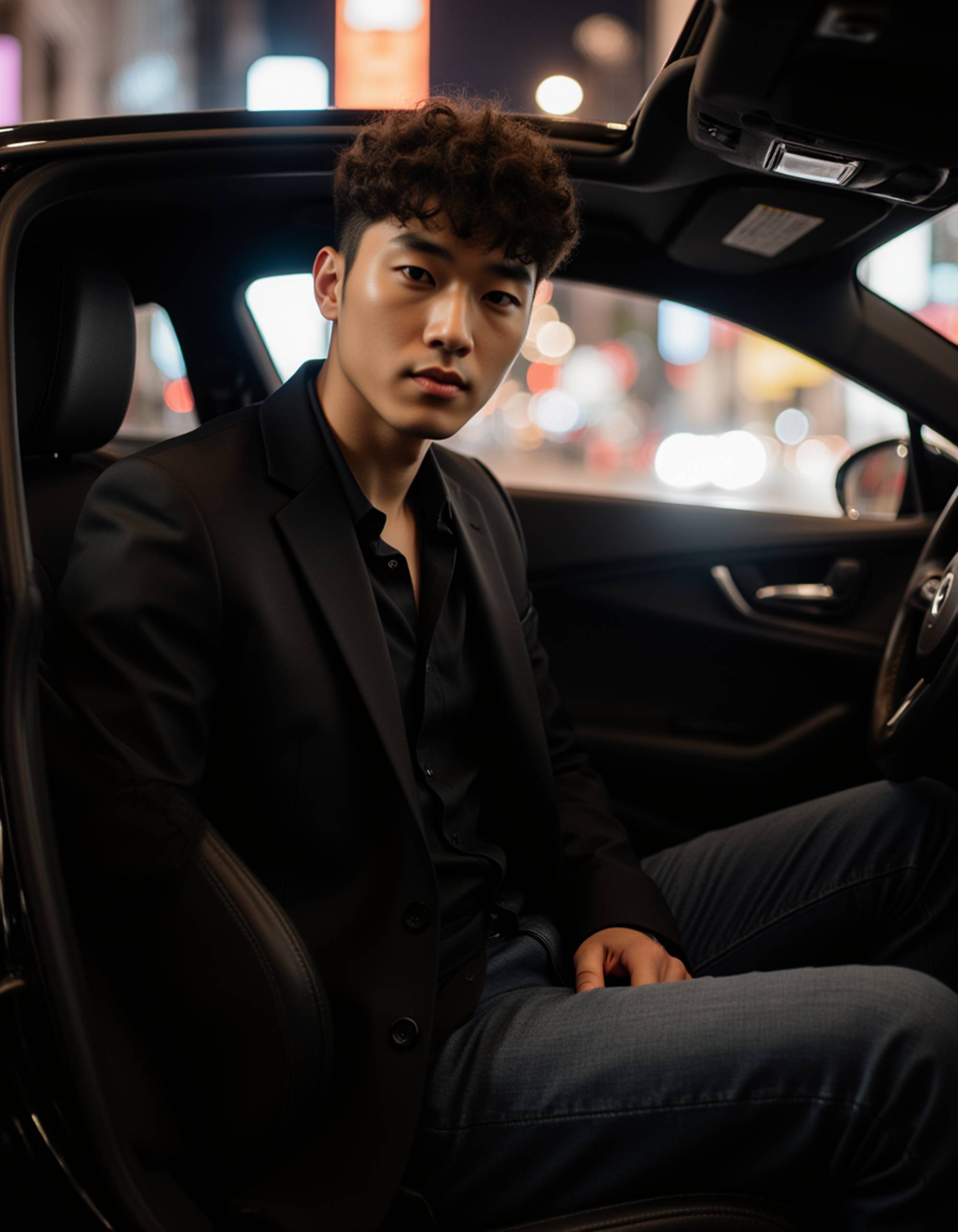 Dubai supercar lifestyle scene, refined modern outfit, seated behind the wheel with city lights reflecting on polished surfaces, bold luxury energy