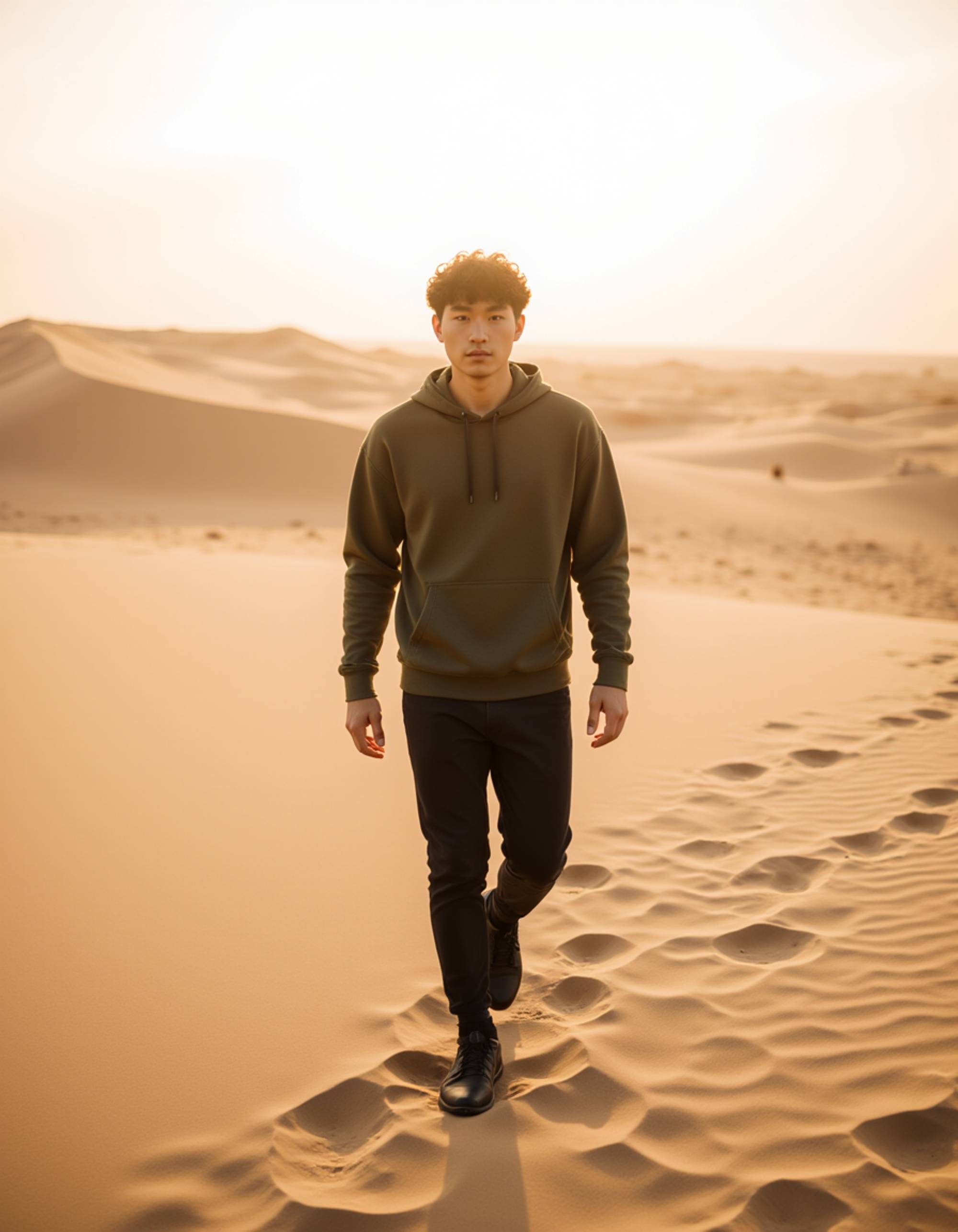 Dubai desert endurance scene, functional outdoor outfit, walking through wide dunes under harsh midday sun, raw and powerful cinematic atmosphere