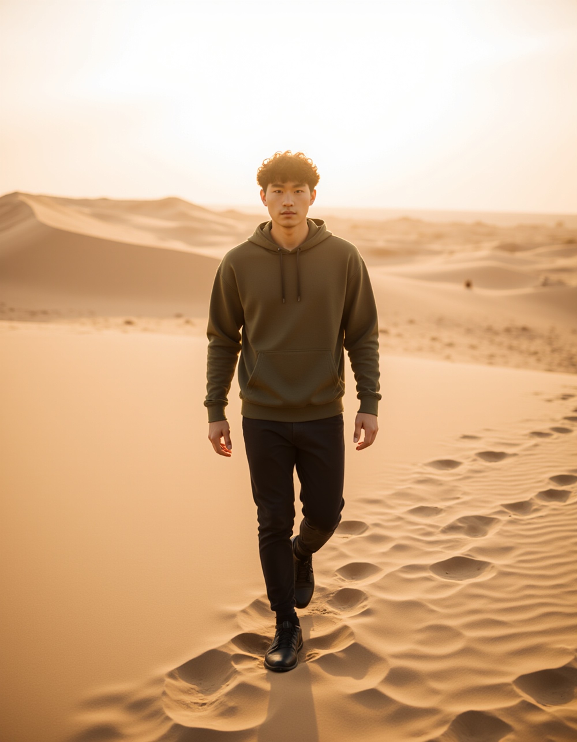 Dubai desert endurance scene, functional outdoor outfit, walking through wide dunes under harsh midday sun, raw and powerful cinematic atmosphere