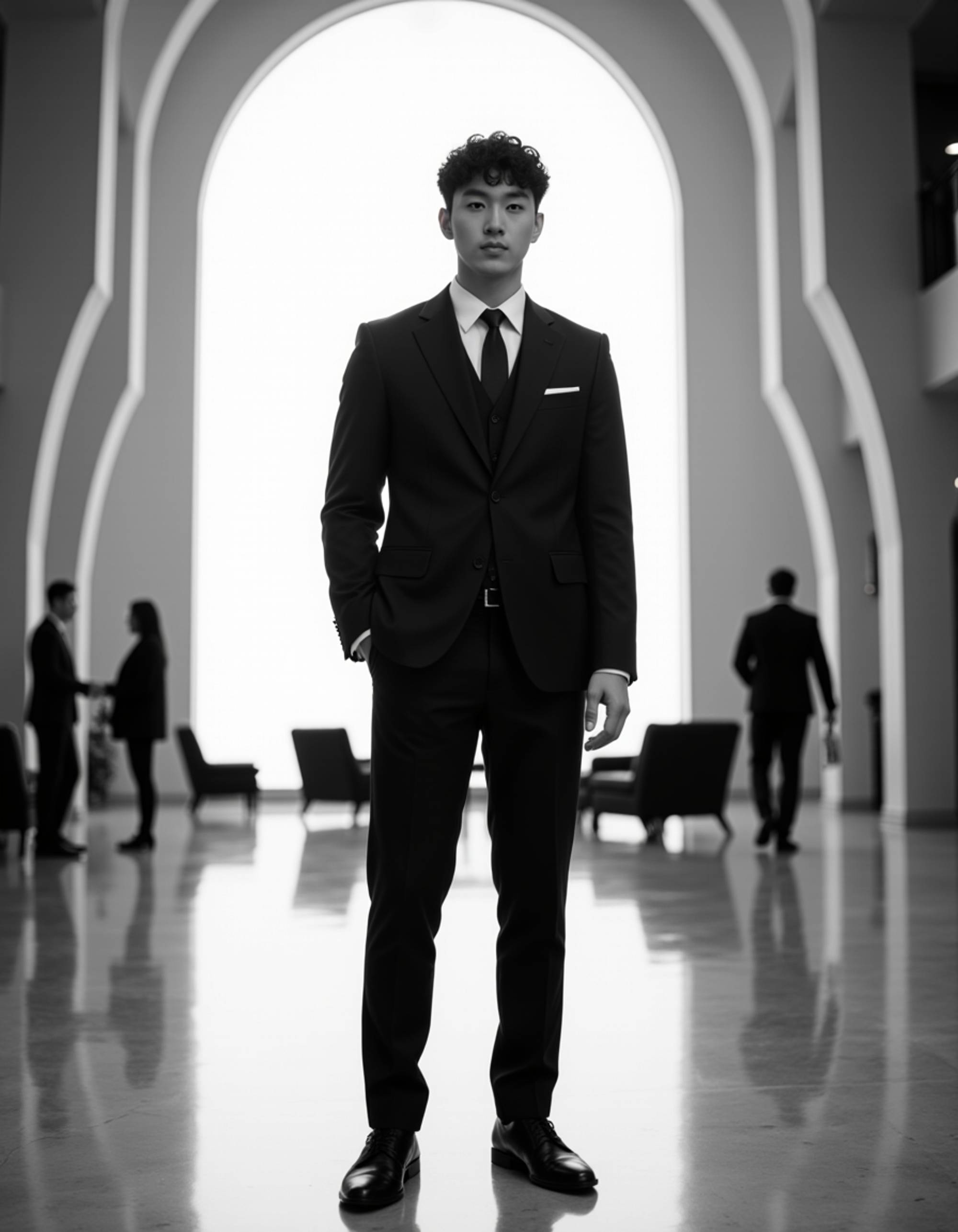Dubai architectural interior photoshoot, monochrome tailored outfit, standing inside a vast futuristic lobby with dramatic lines and symmetry